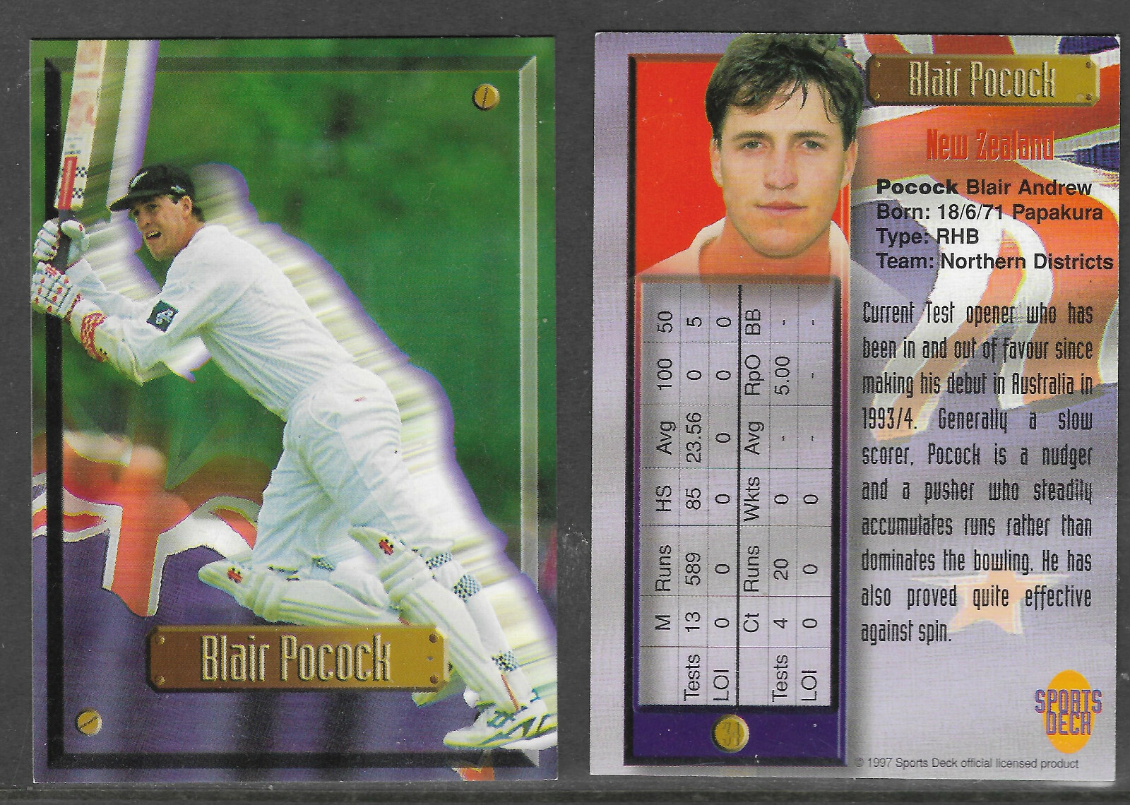 BLAIR POCOCK (New Zealand) 1997 South Africa SPORTS DECK CRICKET CARD #34