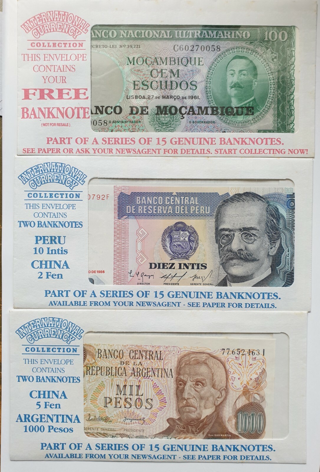 International currency collection 15 banknotes + album & newspaper voucher 1980s International currency collection 15 banknotes + album & newspaper voucher 1980s