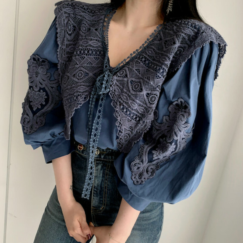 Womens Blouse Floral Lace Lapel V Neck Puff Sleeves Tops Casual Fashion Shirt Womens Blouse Floral Lace Lapel V Neck Puff Sleeves Tops Casual Fashion Shirt