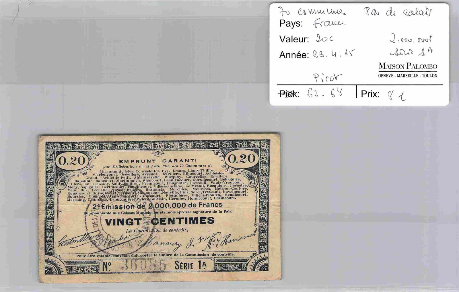Vouchers Common Land 70 Pas De Calais- 20 Cents 23/4/15 Series 1a – N° 36085 Vouchers Common Land 70 Pas De Calais- 20 Cents 23/4/15 Series 1a – N° 36085
