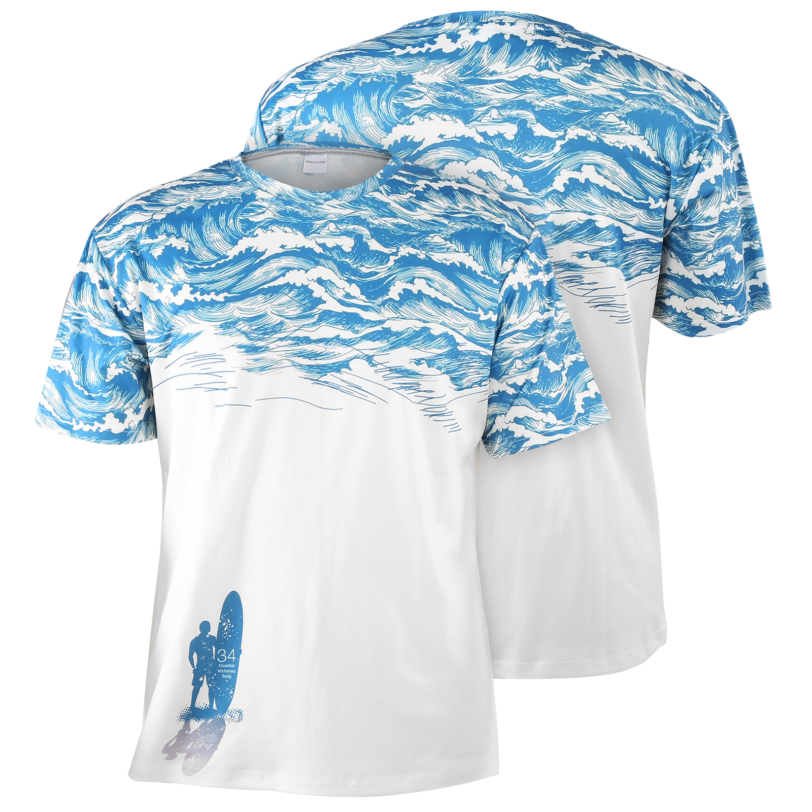 Mens Fashion Sea Waves Printed T-shirt Round Neck Short Sleeves T Shirt Supplies