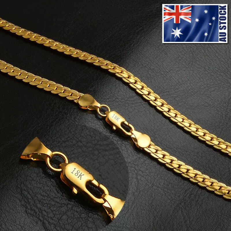 18K Yellow Gold GP 5MM Flat Curb Chain Solid Link Necklace Mens & Womens Gift