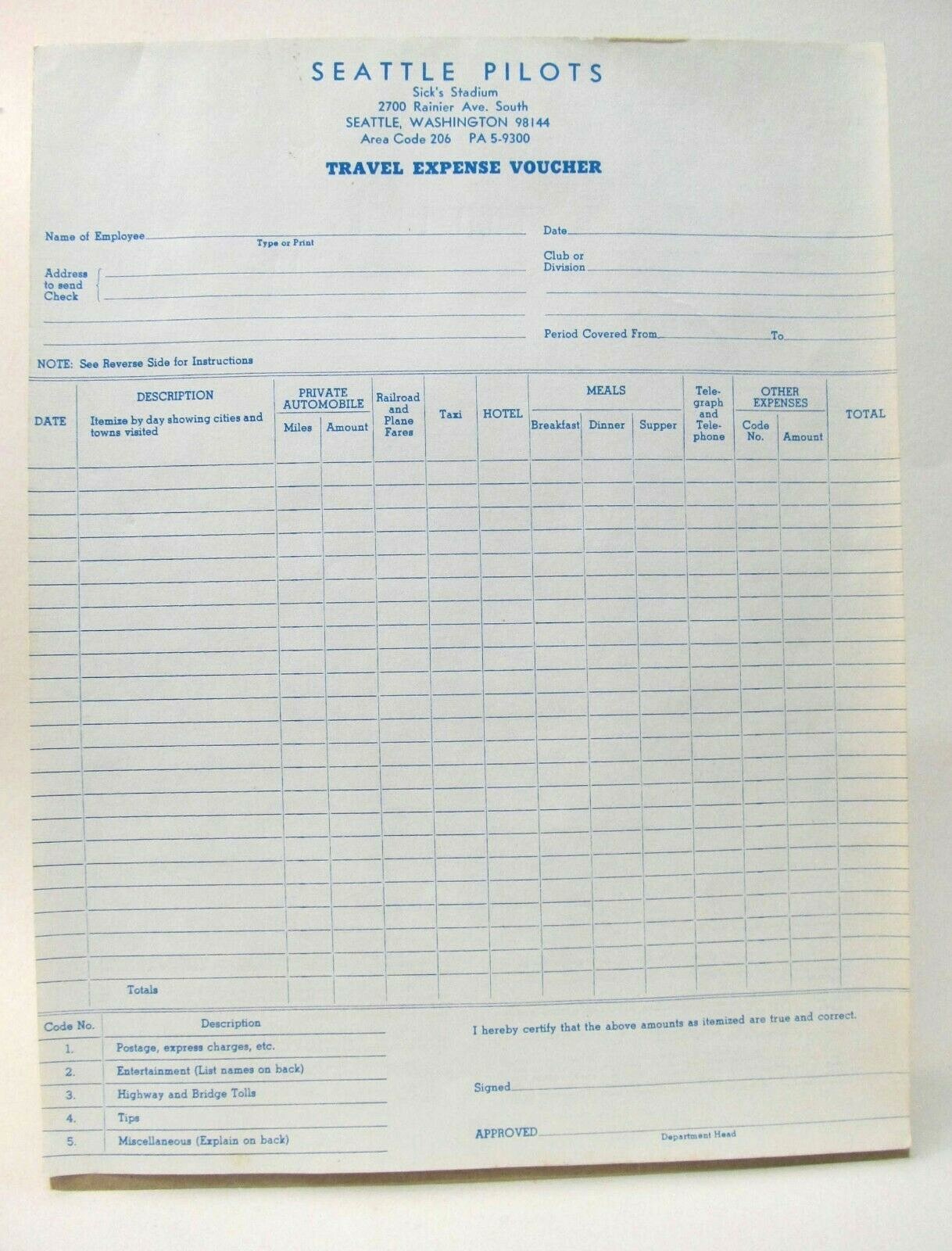 original and RARE 1969 SEATTLE PILOTS TRAVEL EXPENSE VOUCHER unused original and RARE 1969 SEATTLE PILOTS TRAVEL EXPENSE VOUCHER unused