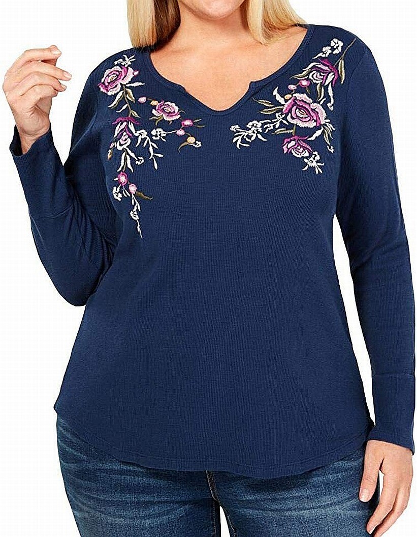 Style & Co. Women’s Top Blue Size 1X Plus Floral Embroidered Thermal $49 #104