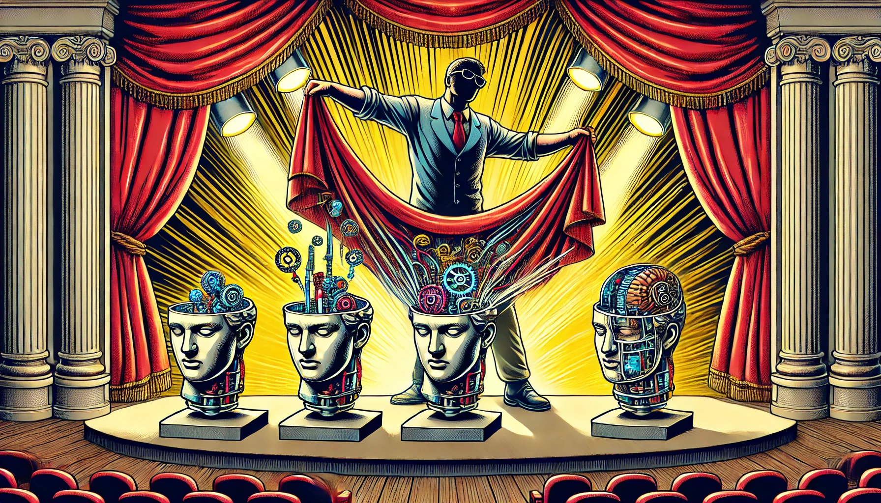 A scientist stands on stage holding a red cloth above four robotic head busts