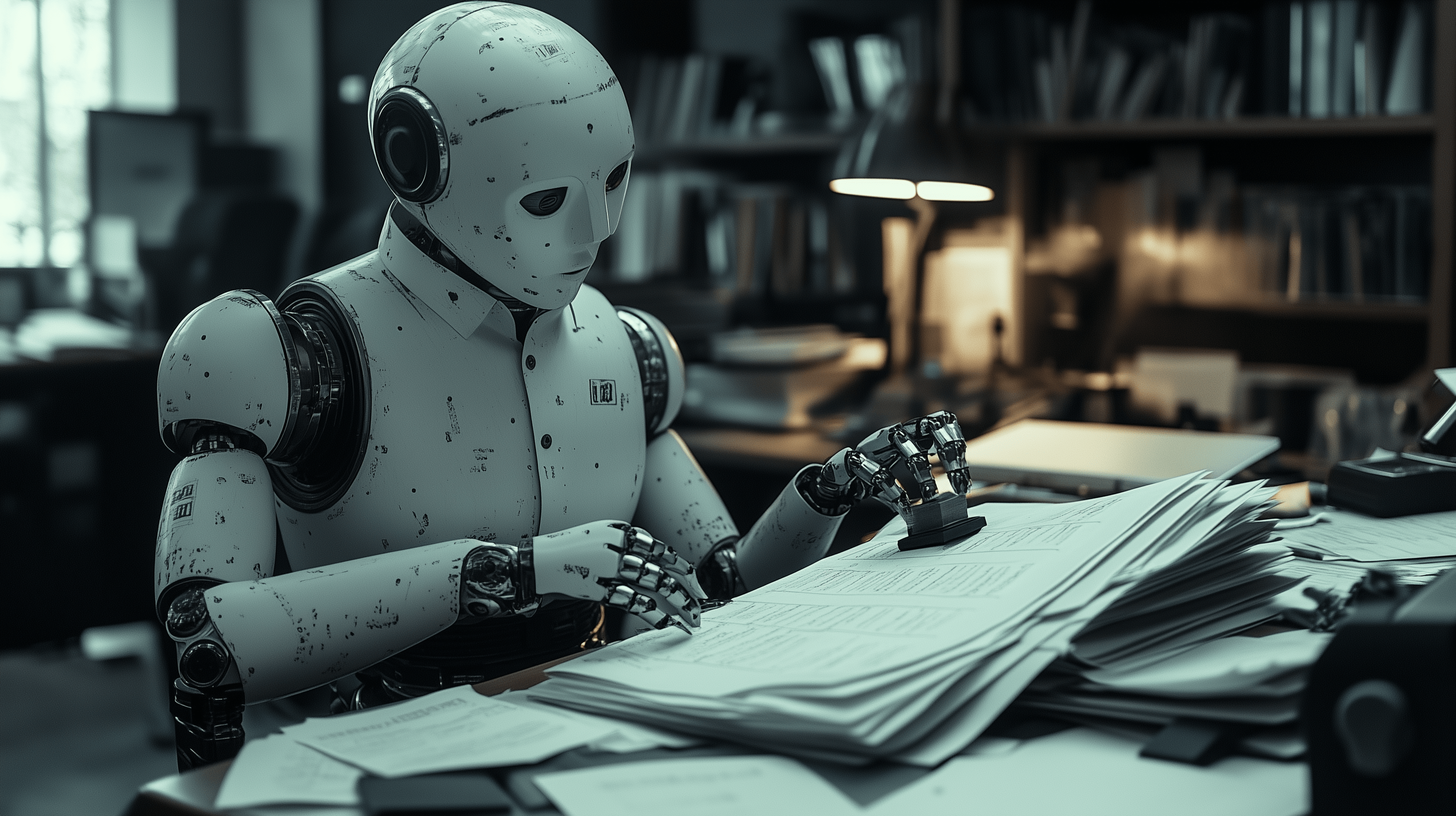 White humanoid robot stamps papers in a plush office