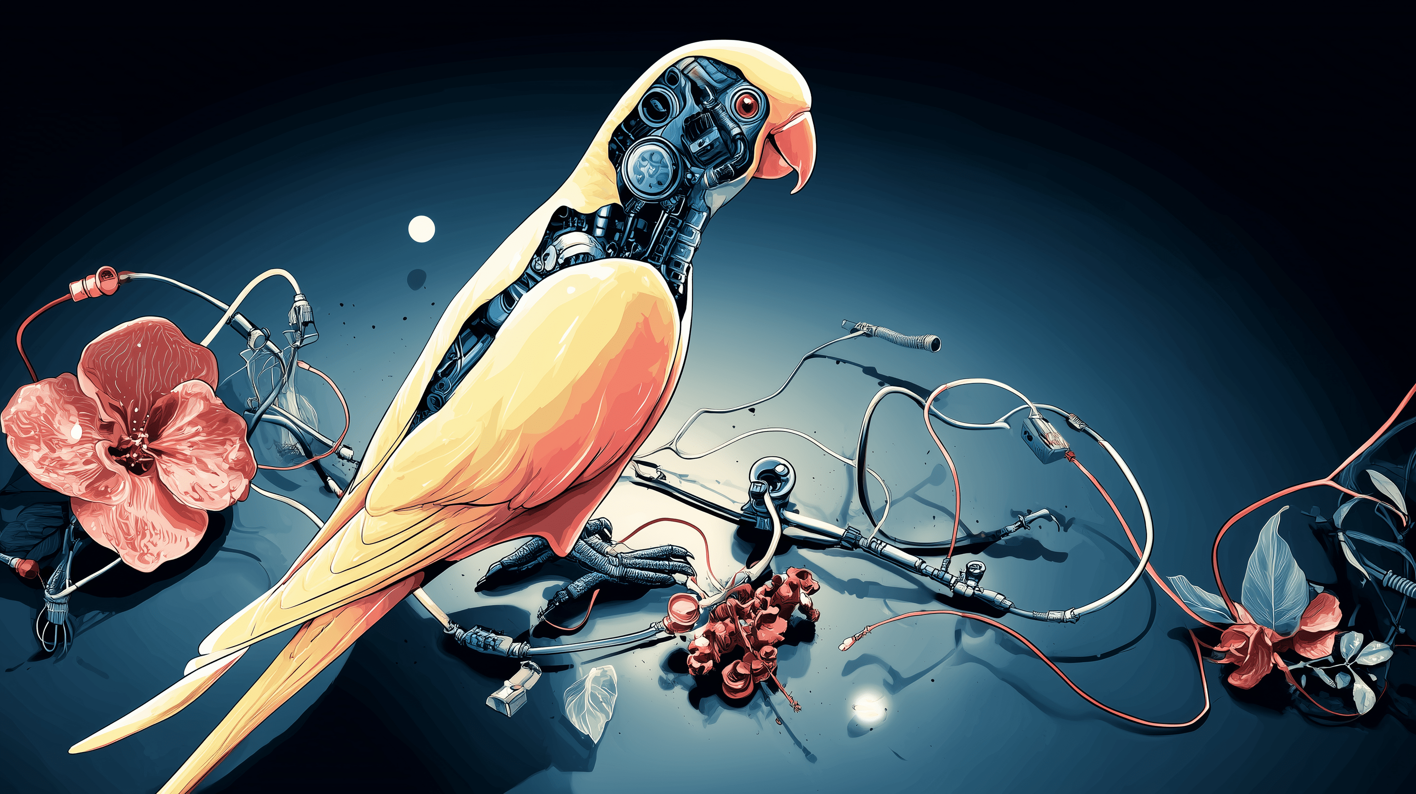 Colorful line art of parakeet with cybernetic face and back standing atop wires against dark gray backdrop