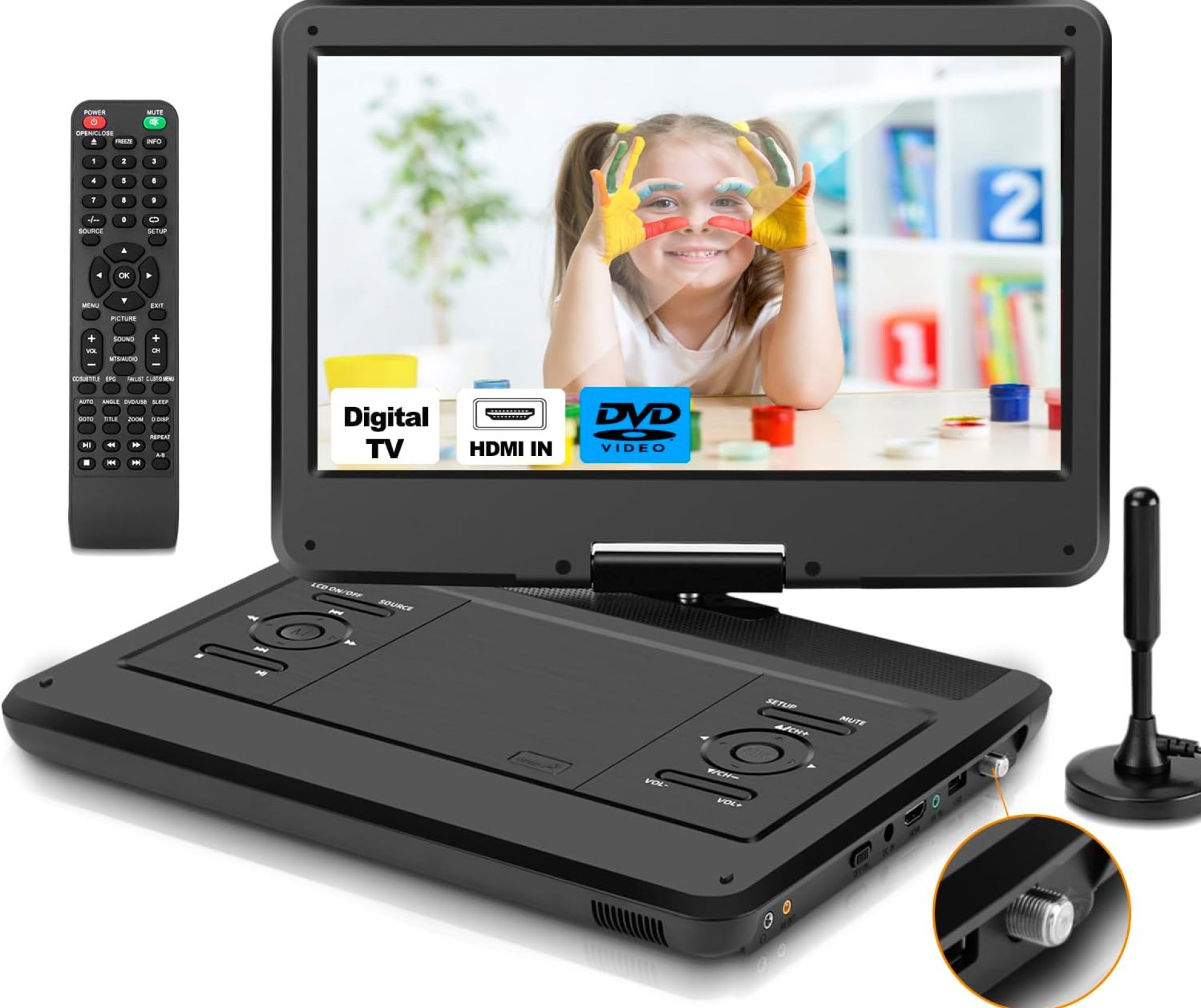 16.5″ Portable TV/DVD Player Combo with 14.0″ Large HD Swivel Screen and Digital TV ATSC Tuner/HDMI/USB/AV/Audio, Built-in Battery, Dual High Volume Stereo Speakers 16.5″ Portable TV/DVD Player Combo with 14.0″ Large HD Swivel Screen and Digital TV ATSC Tuner/HDMI/USB/AV/Audio, Built-in Battery, Dual High Volume Stereo Speakers