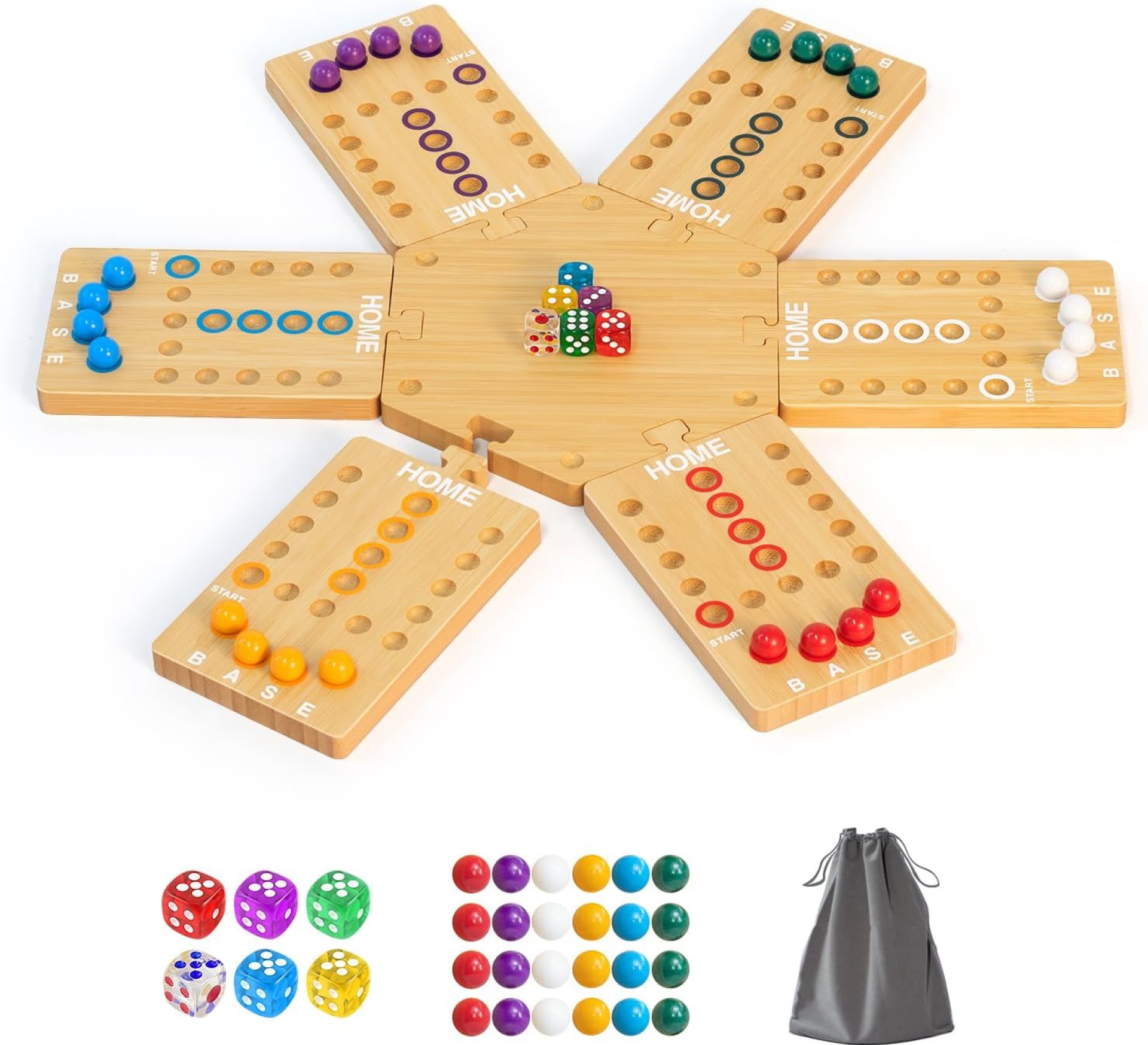 Wooden Marble Board Game for 2-6 Players, Portable Fast Track Board Game with 24 Marbles and 6 Dice for Family Friends, Party Game Night Wooden Marble Board Game for 2-6 Players, Portable Fast Track Board Game with 24 Marbles and 6 Dice for Family Friends, Party Game Night