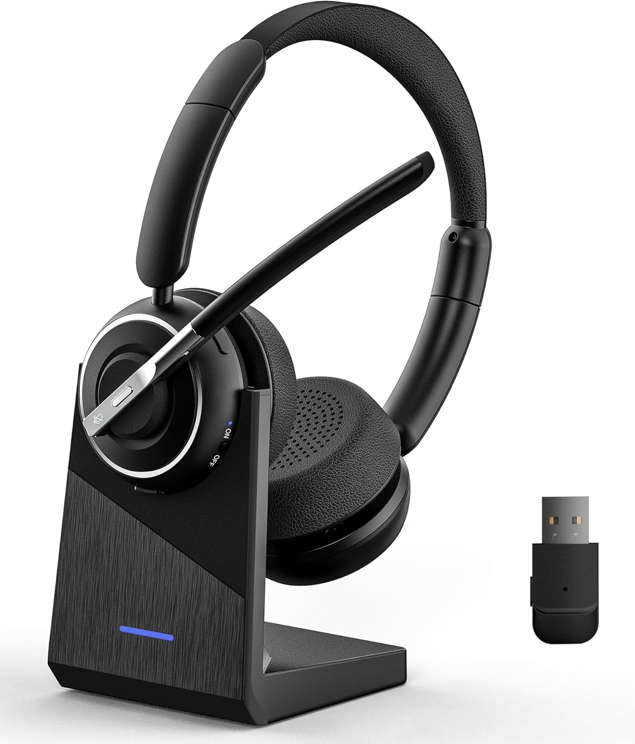 Wireless Headset, Bluetooth Headset with AI Noise Cancelling Mic, Bluetooth V5.2 Headphones with USB Dongle, Charging Base & Mic Mute for PC/Cell Phones/Call Center (Binaural, Black) Wireless Headset, Bluetooth Headset with AI Noise Cancelling Mic, Bluetooth V5.2 Headphones with USB Dongle, Charging Base & Mic Mute for PC/Cell Phones/Call Center (Binaural, Black)