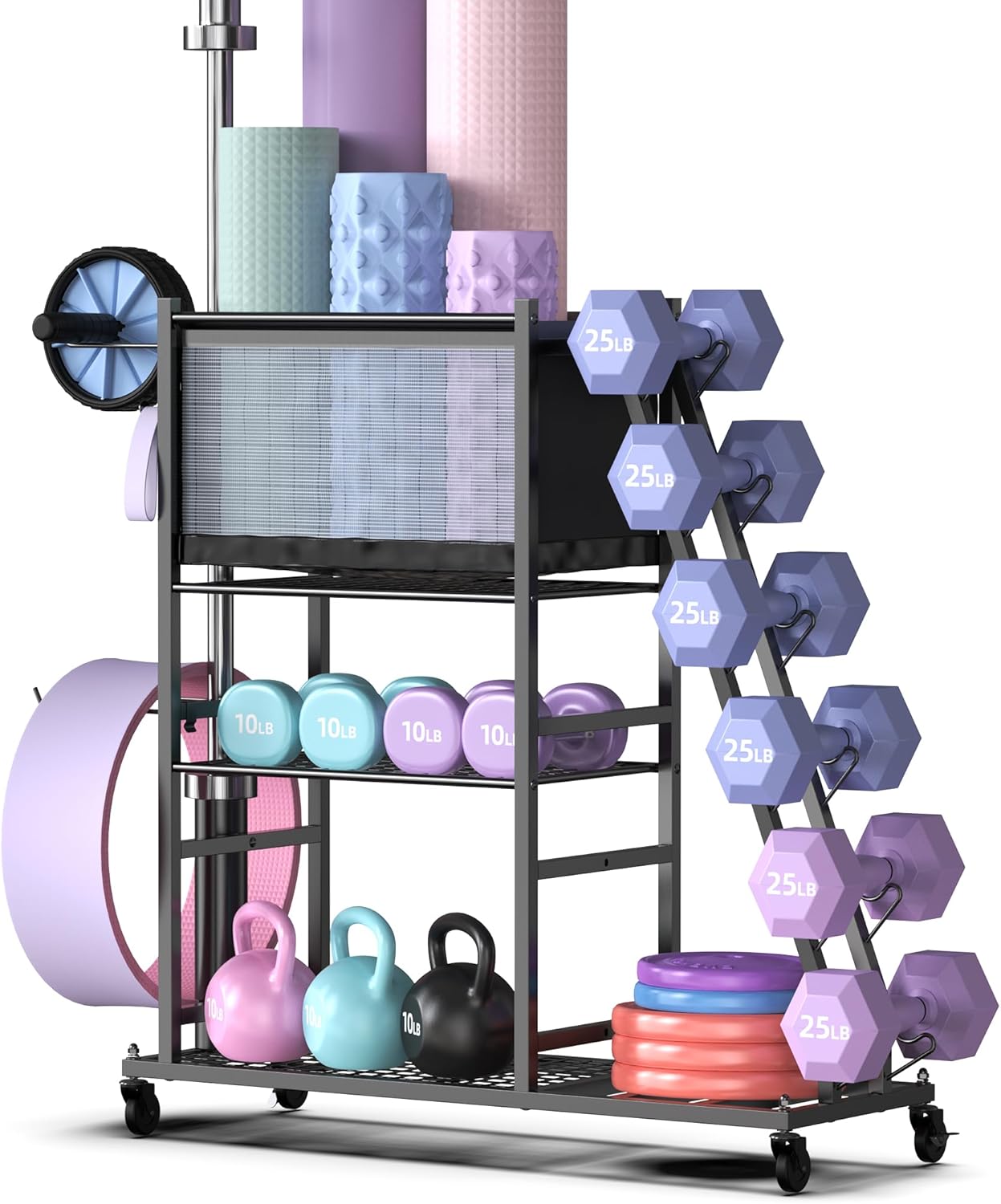 Mythinglogic Weight Rack for Dumbbells, Home Gym Storage for Yoga Mat Dumbbells Kettlebells and Strength Training Equipment, Dumbbell Rack with Wheels and Hanging Hooks Mythinglogic Weight Rack for Dumbbells, Home Gym Storage for Yoga Mat Dumbbells Kettlebells and Strength Training Equipment, Dumbbell Rack with Wheels and Hanging Hooks