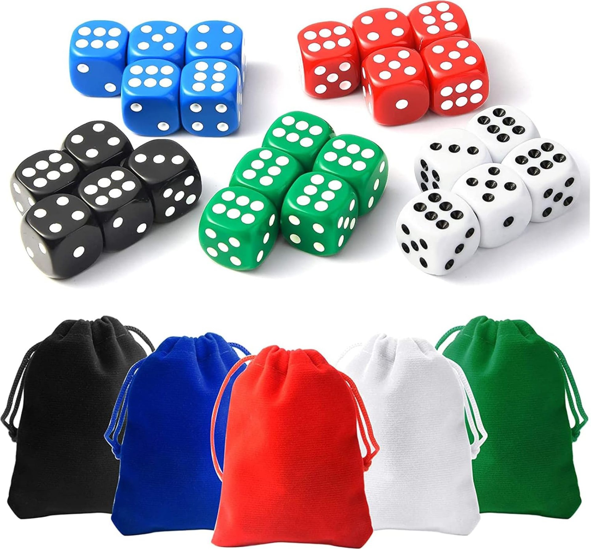 25 Pieces Dice Set 6 Sided 5 Colours Spot Dice with Bags for Tenzi, Farkle, Yahtzee, Bunco or Teaching Math Dice Games 25 Pieces Dice Set 6 Sided 5 Colours Spot Dice with Bags for Tenzi, Farkle, Yahtzee, Bunco or Teaching Math Dice Games