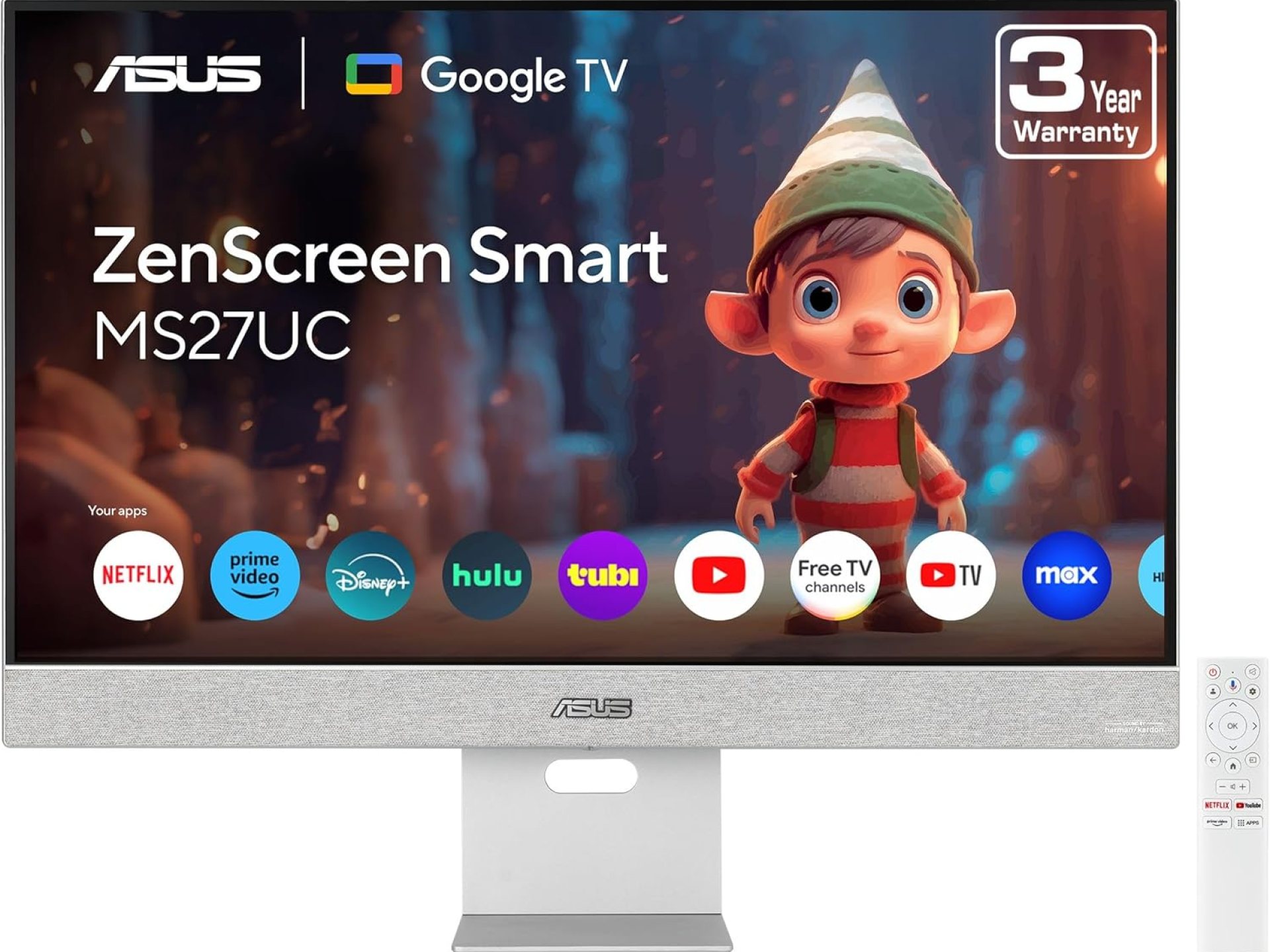 ASUS ZenScreen 27” 4K USB-C Smart Monitor (MS27UC) – UHD (3840 x 2160) IPS, 99% sRGB, Google TV, Harman Kardon Speakers, USB-C 90W PD, USB Hub, Wireless Display, Netflix and YouTube, 3 yr Warranty ASUS ZenScreen 27” 4K USB-C Smart Monitor (MS27UC) – UHD (3840 x 2160) IPS, 99% sRGB, Google TV, Harman Kardon Speakers, USB-C 90W PD, USB Hub, Wireless Display, Netflix and YouTube, 3 yr Warranty