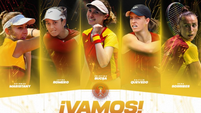 Bucsa, Kaitlin Quevedo, Leyre Romero, Guio Maristany y Sara Sorribes, equipo ante Eslovenia Bucsa, Kaitlin Quevedo, Leyre Romero, Guio Maristany y Sara Sorribes, equipo ante Eslovenia