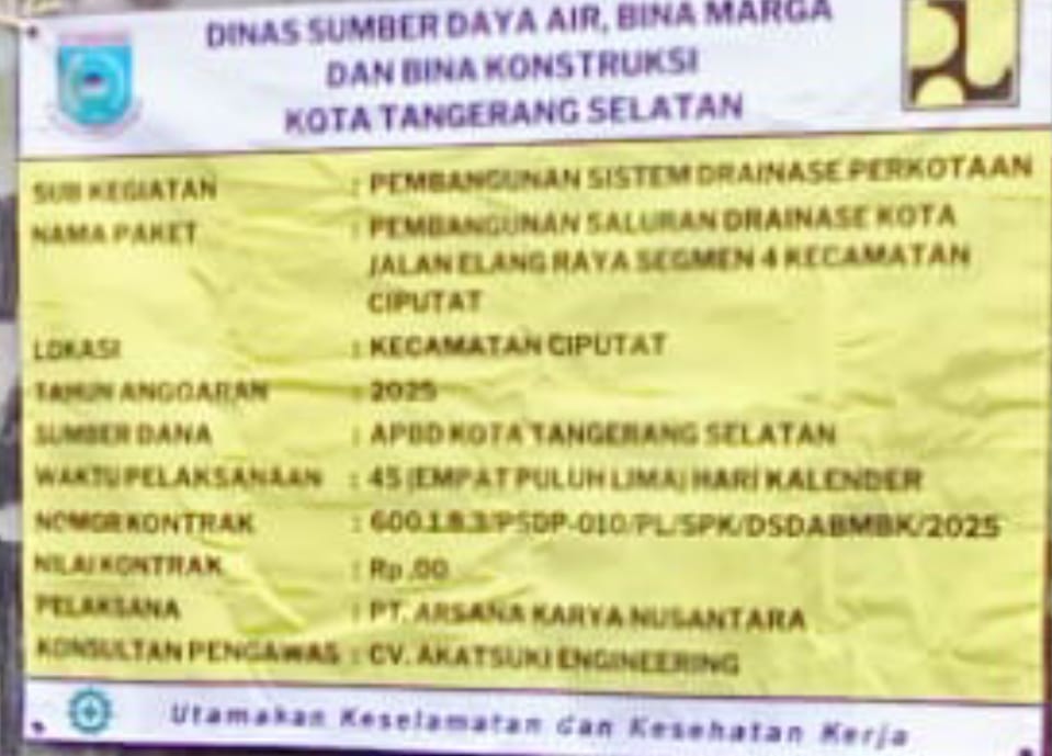 Diduga Proyek Siluman DSDABMBK Tangsel Tidak Cantumkan Nilai Kontrak Diduga Proyek Siluman DSDABMBK Tangsel Tidak Cantumkan Nilai Kontrak