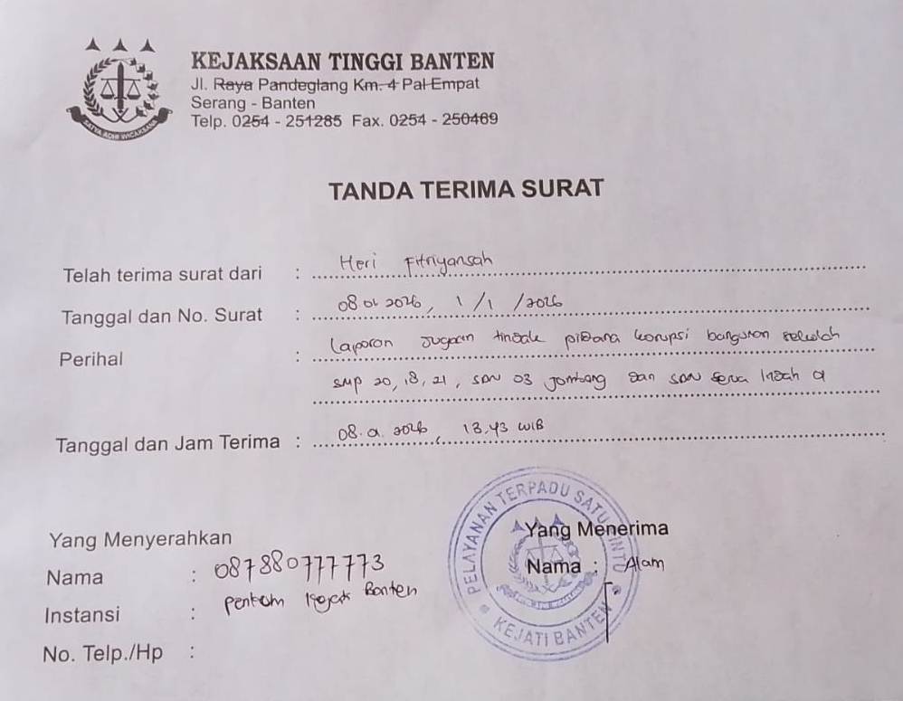Laporan Dugaan Korupsi Pembangunan Sekolah Resmi Diterima Kejati Banten, Publik Tunggu Tindakan Nyata Laporan Dugaan Korupsi Pembangunan Sekolah Resmi Diterima Kejati Banten, Publik Tunggu Tindakan Nyata