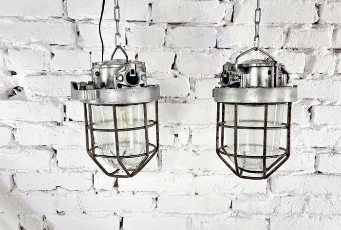 Suspension, Lampe de mine à cage en aluminium de l’Union soviétique (2) – Acier, Aluminium, Verre