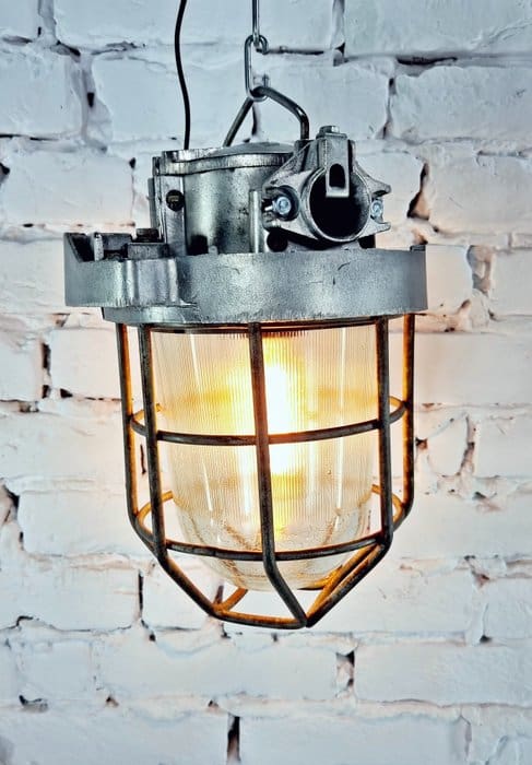 Suspension, Lampe de mine à cage en aluminium de l’Union soviétique (2) – Acier, Aluminium, Verre