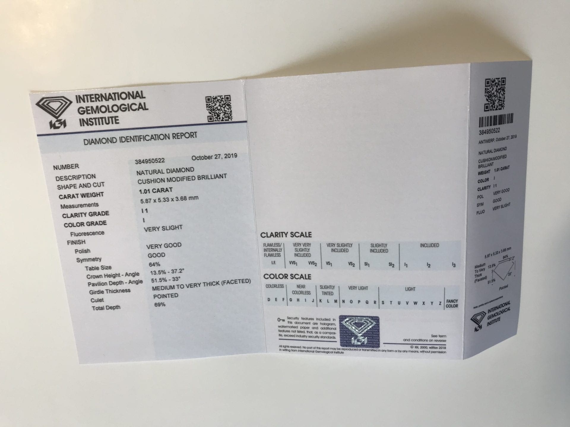 Beau diamant – 1.01 carat – papier et certificat