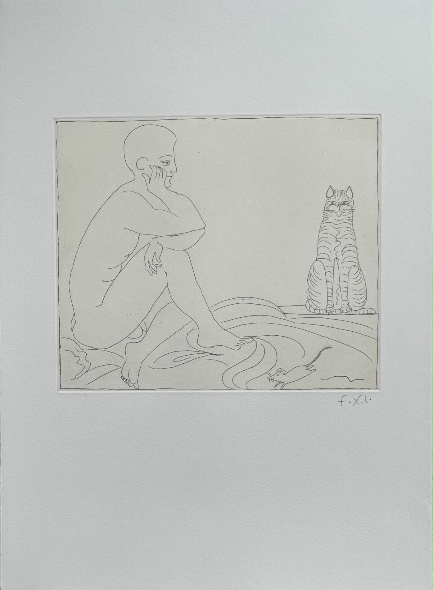 François-Xavier Lalanne – Estampe – Chat, souris et homme assis