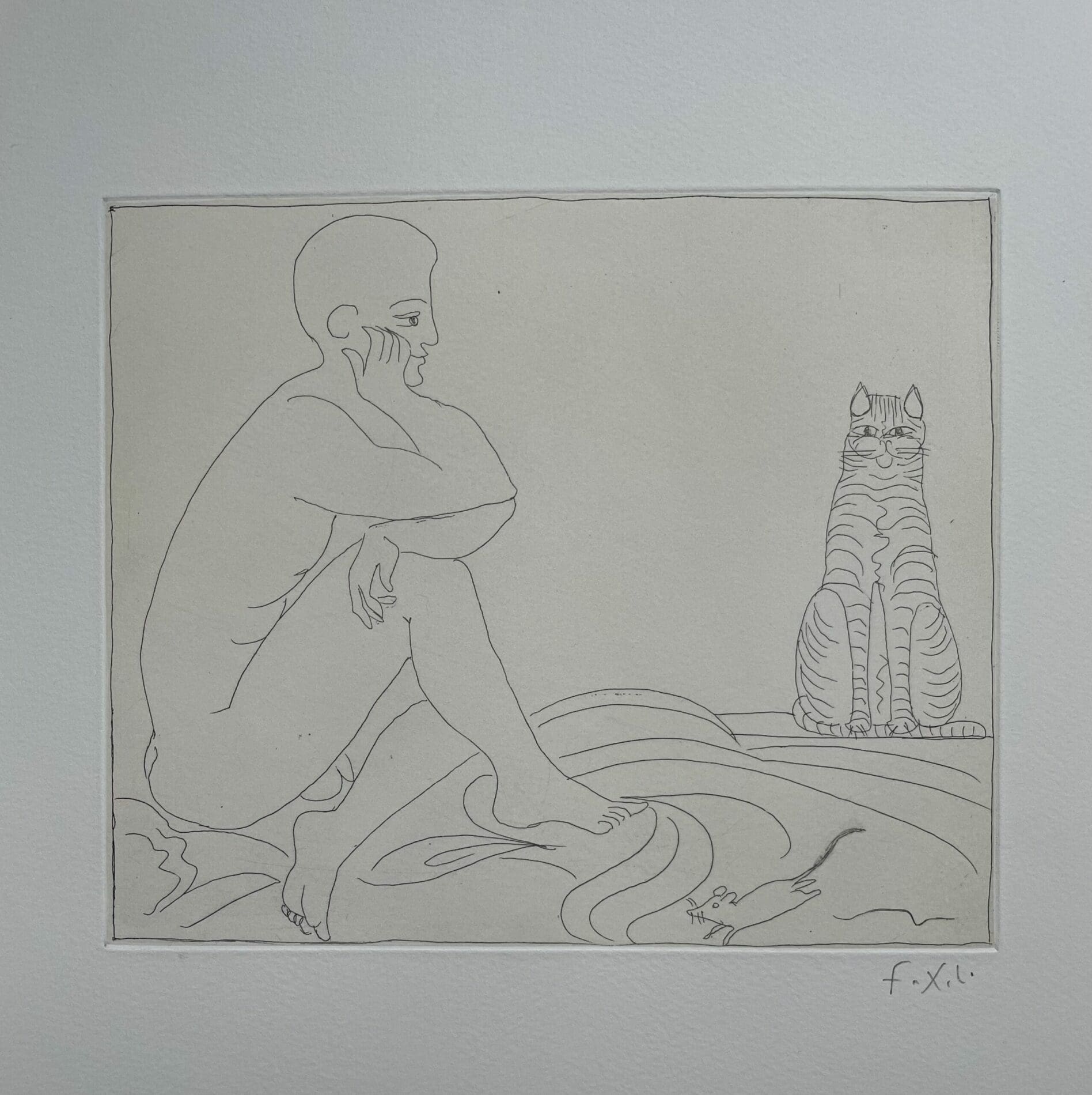 François-Xavier Lalanne – Estampe – Chat, souris et homme assis