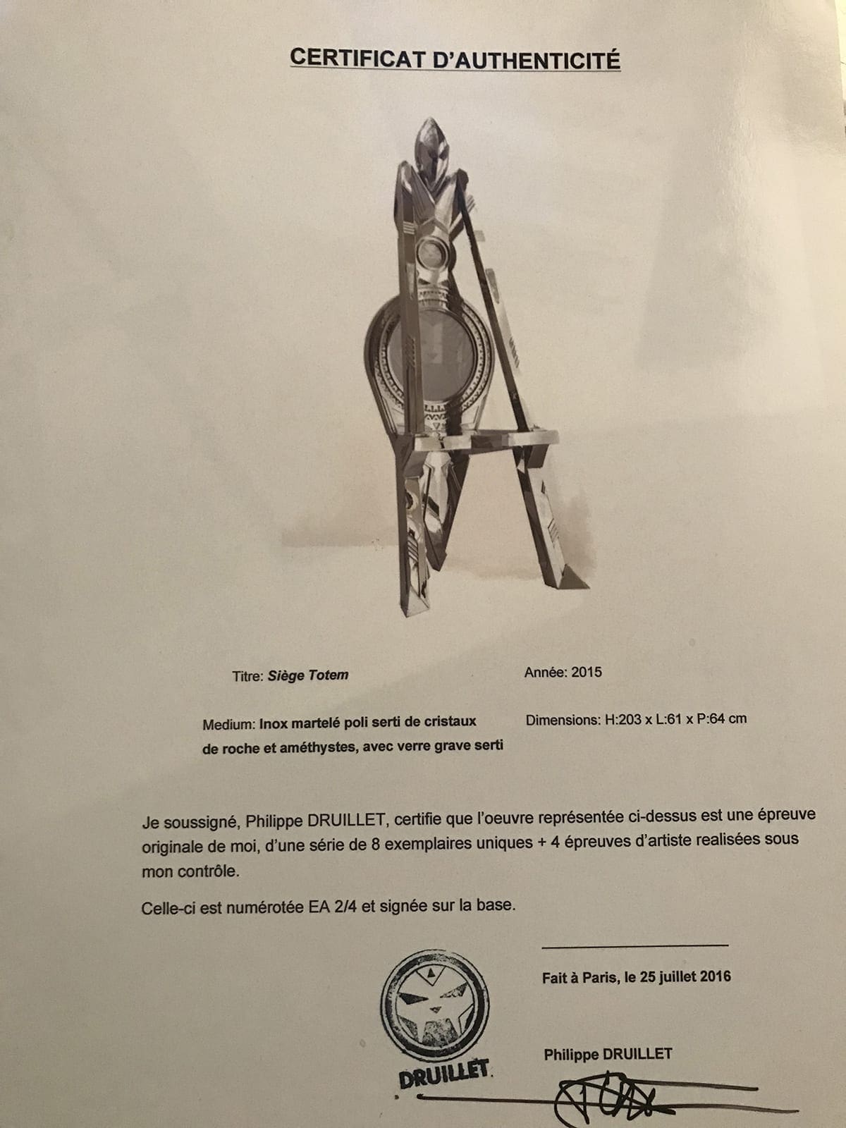 Philippe DRUILLET – Siège Totem, circa 2015