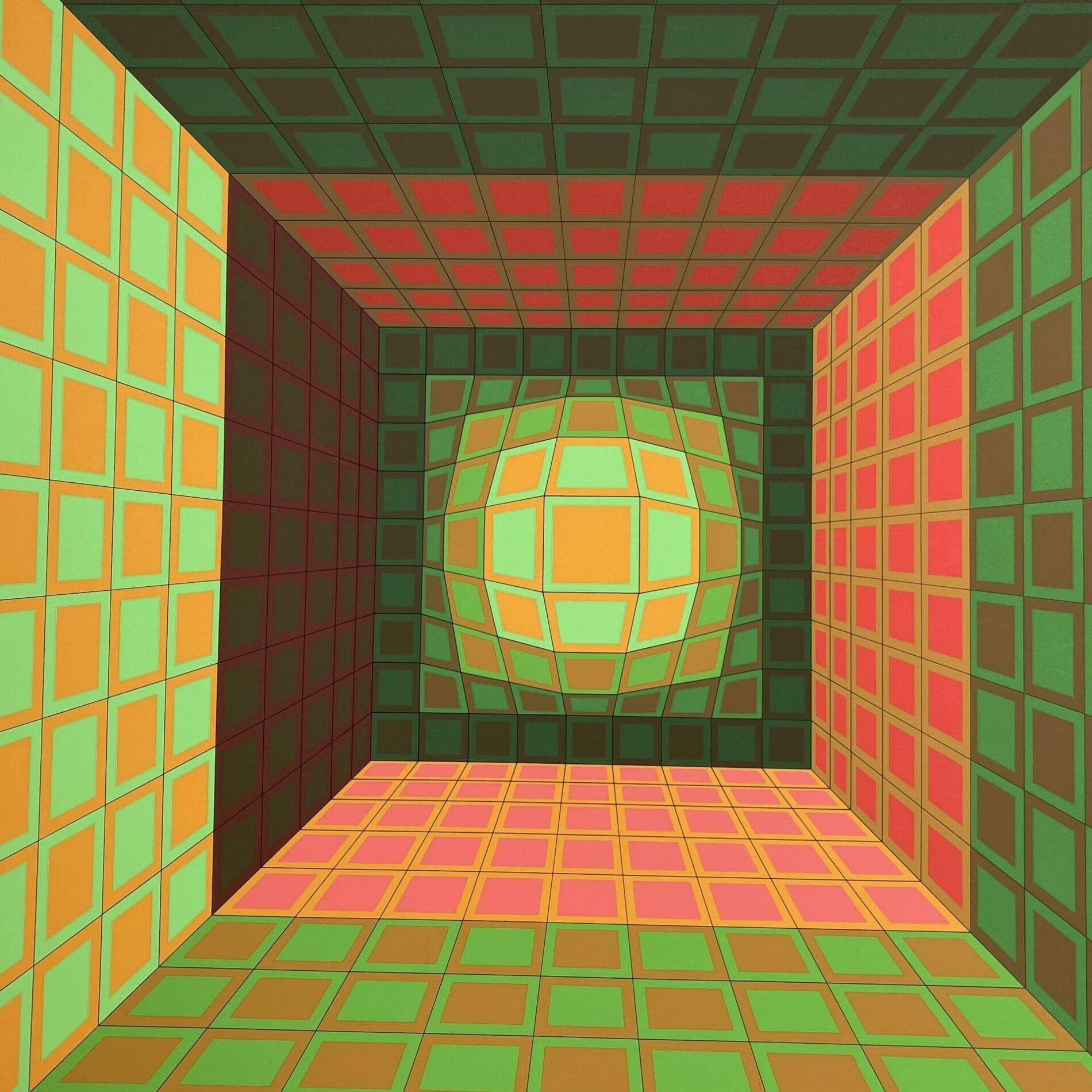 Victor Vasarely – Structure géométrique vert/orange