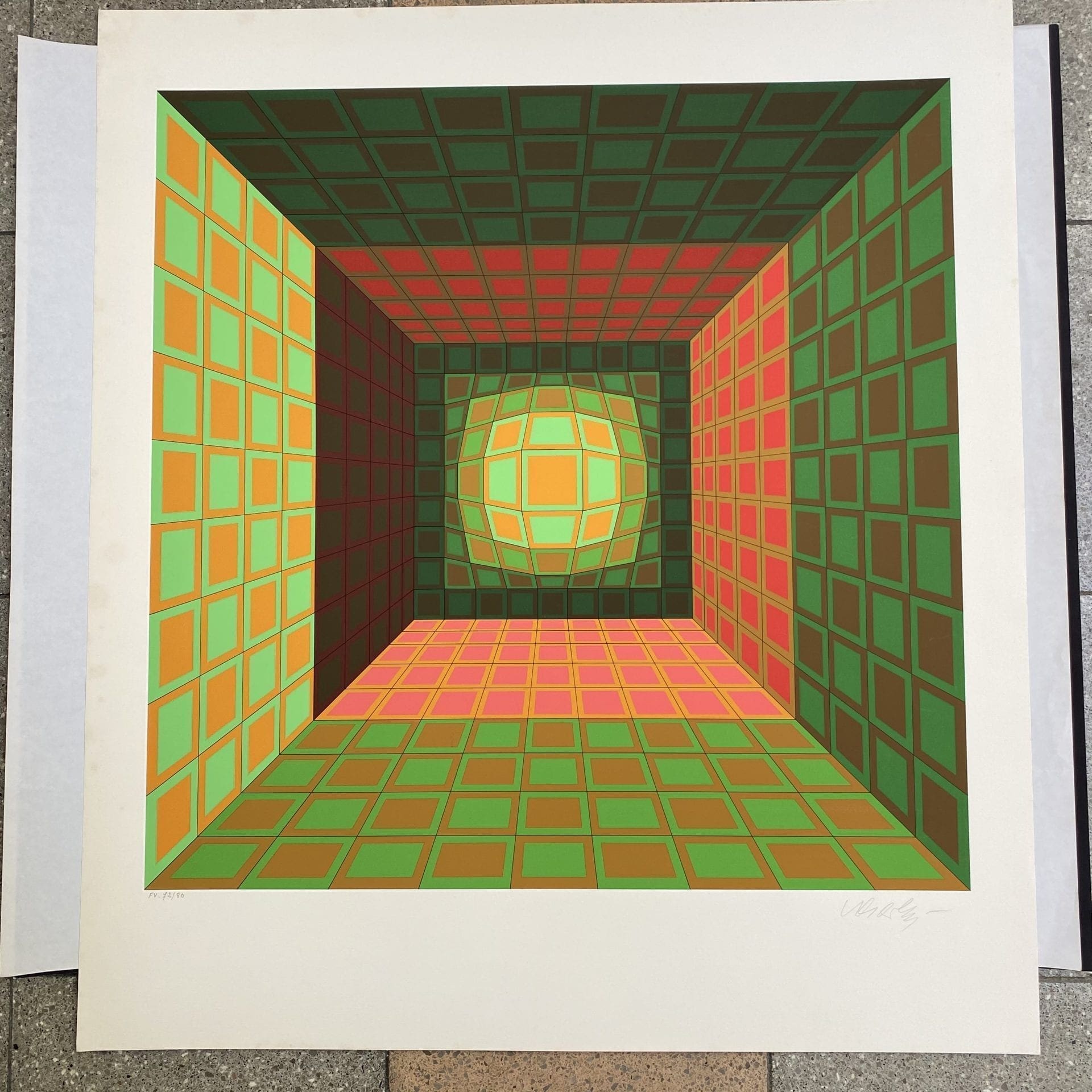 Victor Vasarely – Structure géométrique vert/orange