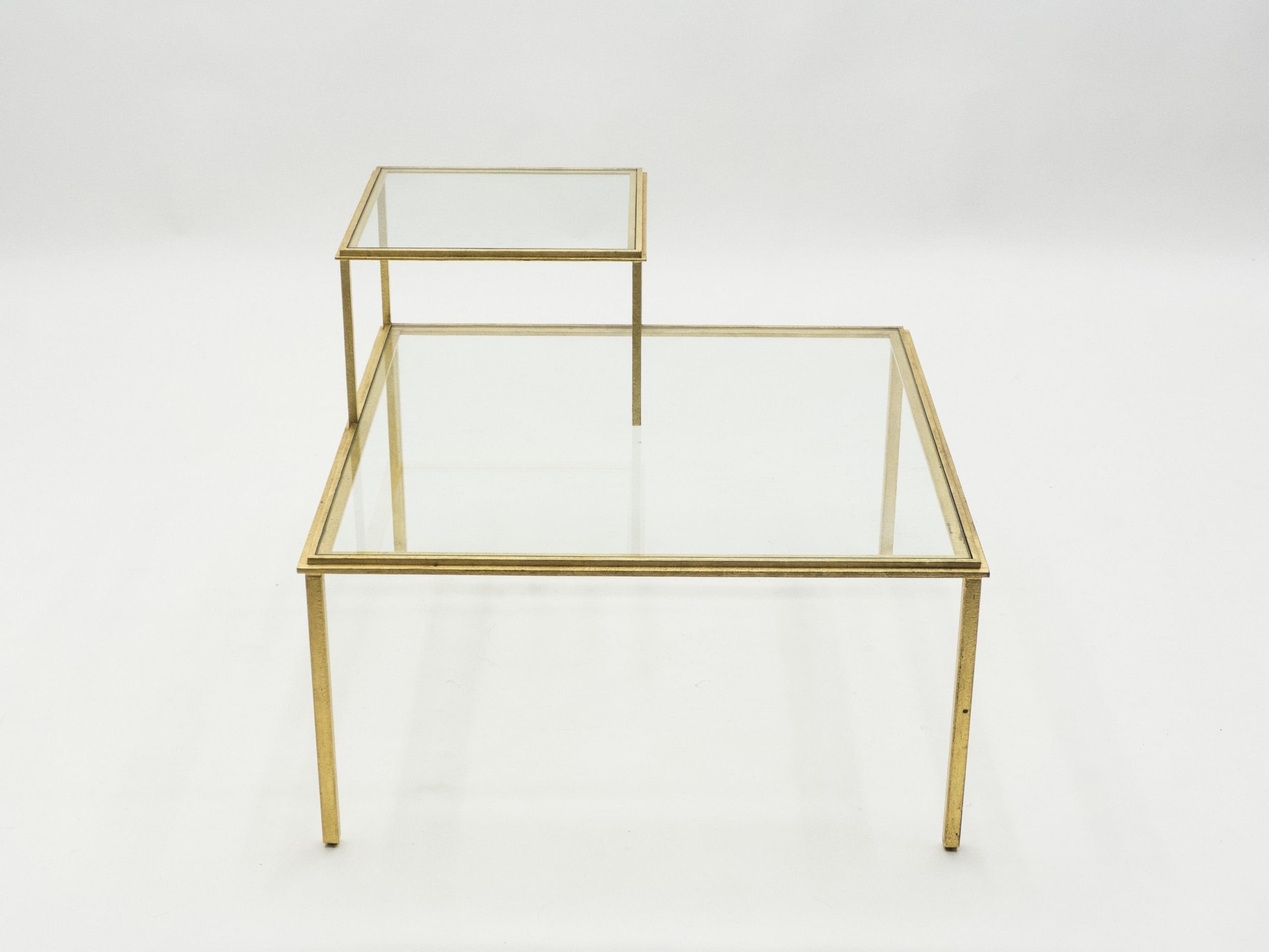 roger thibier gilt wrought iron glass coffee end table 1960s