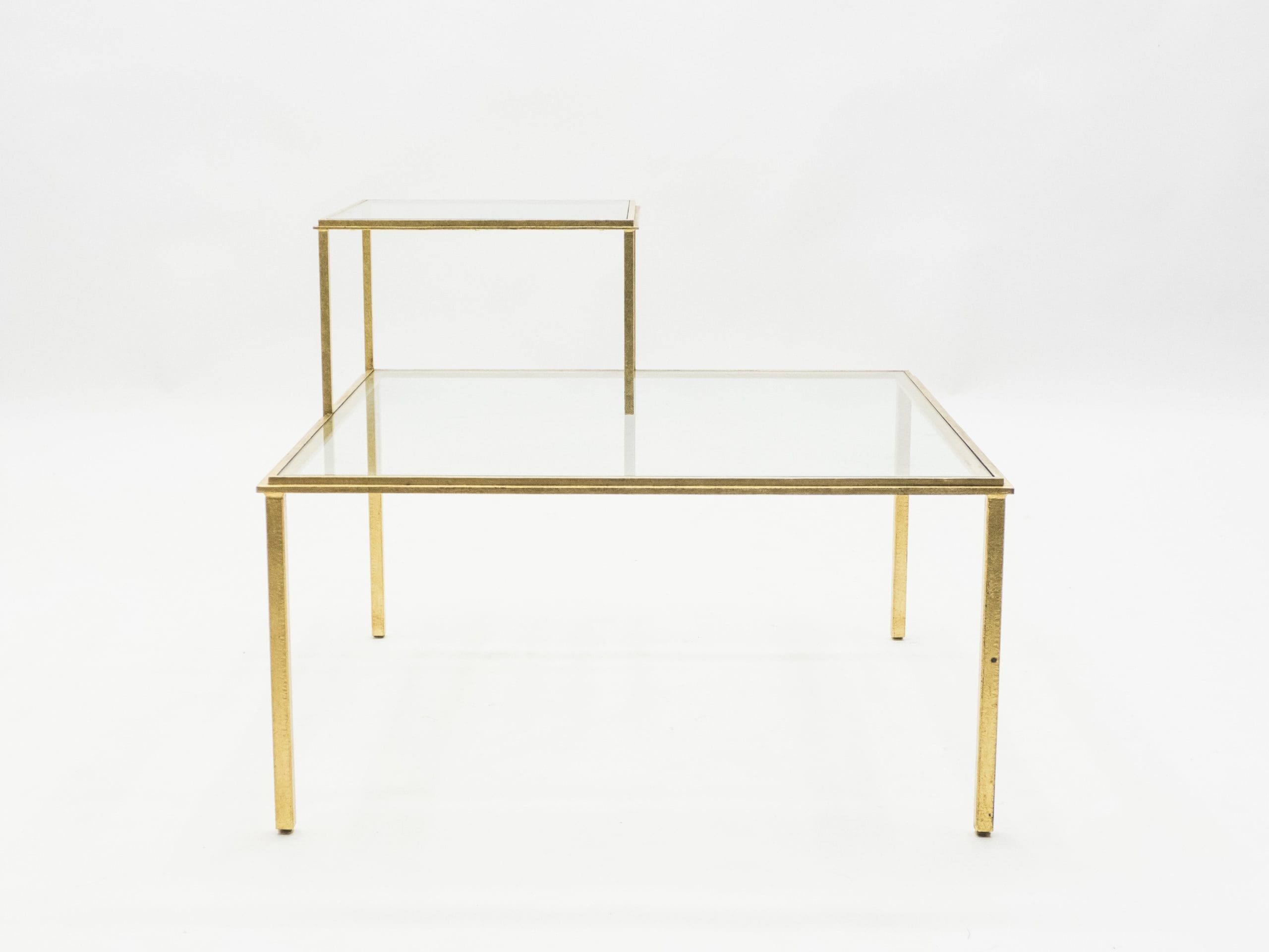 roger thibier gilt wrought iron glass coffee end table 1960s