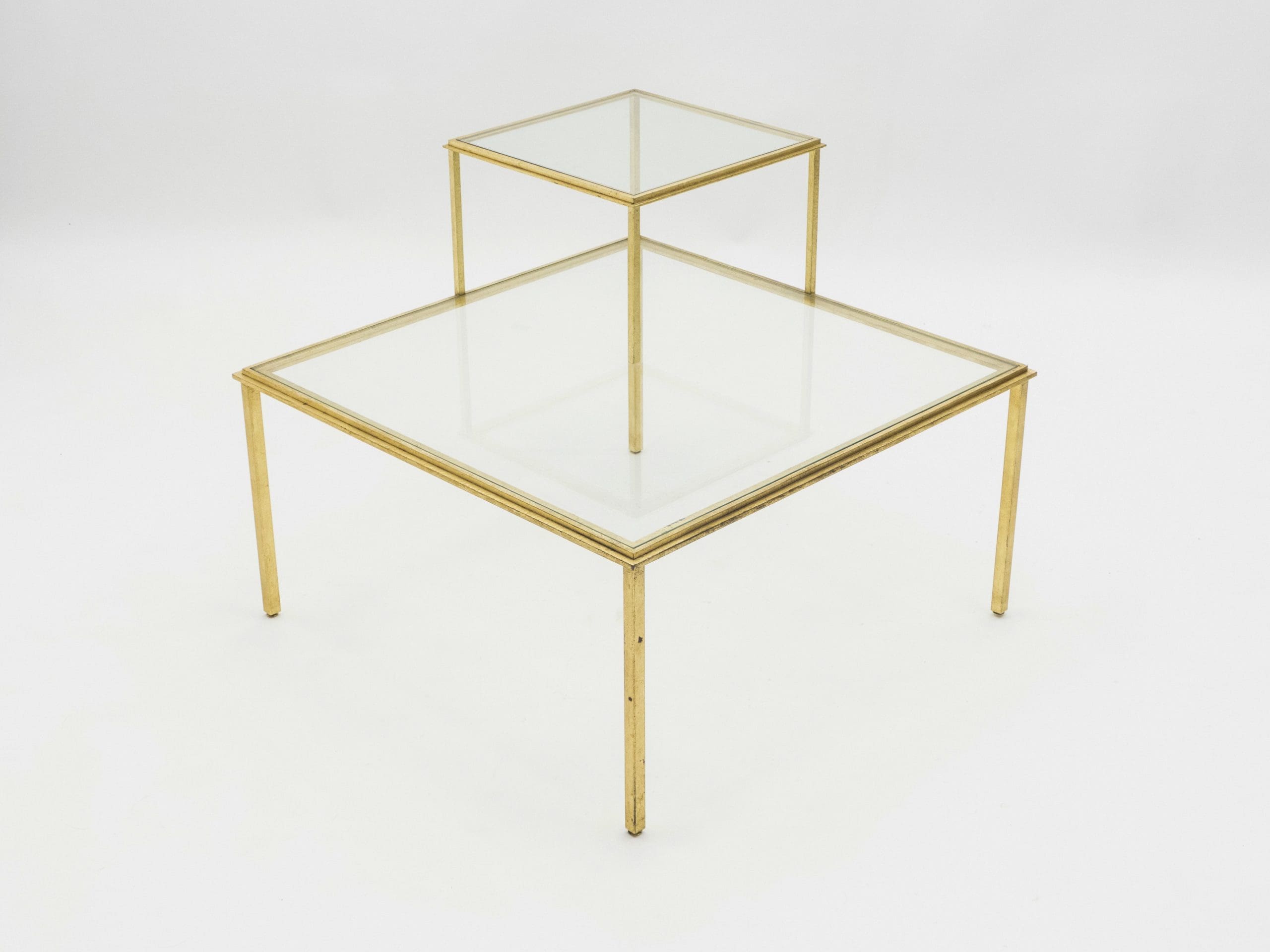 roger thibier gilt wrought iron glass coffee end table 1960s