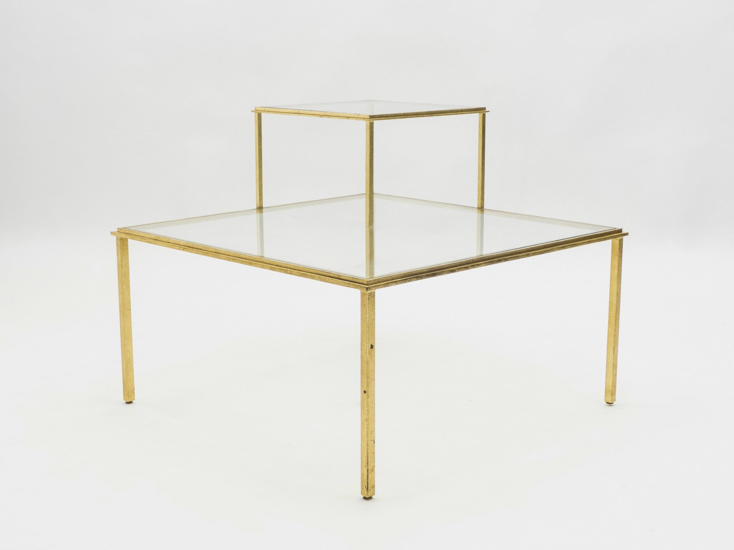 roger thibier gilt wrought iron glass coffee end table 1960s