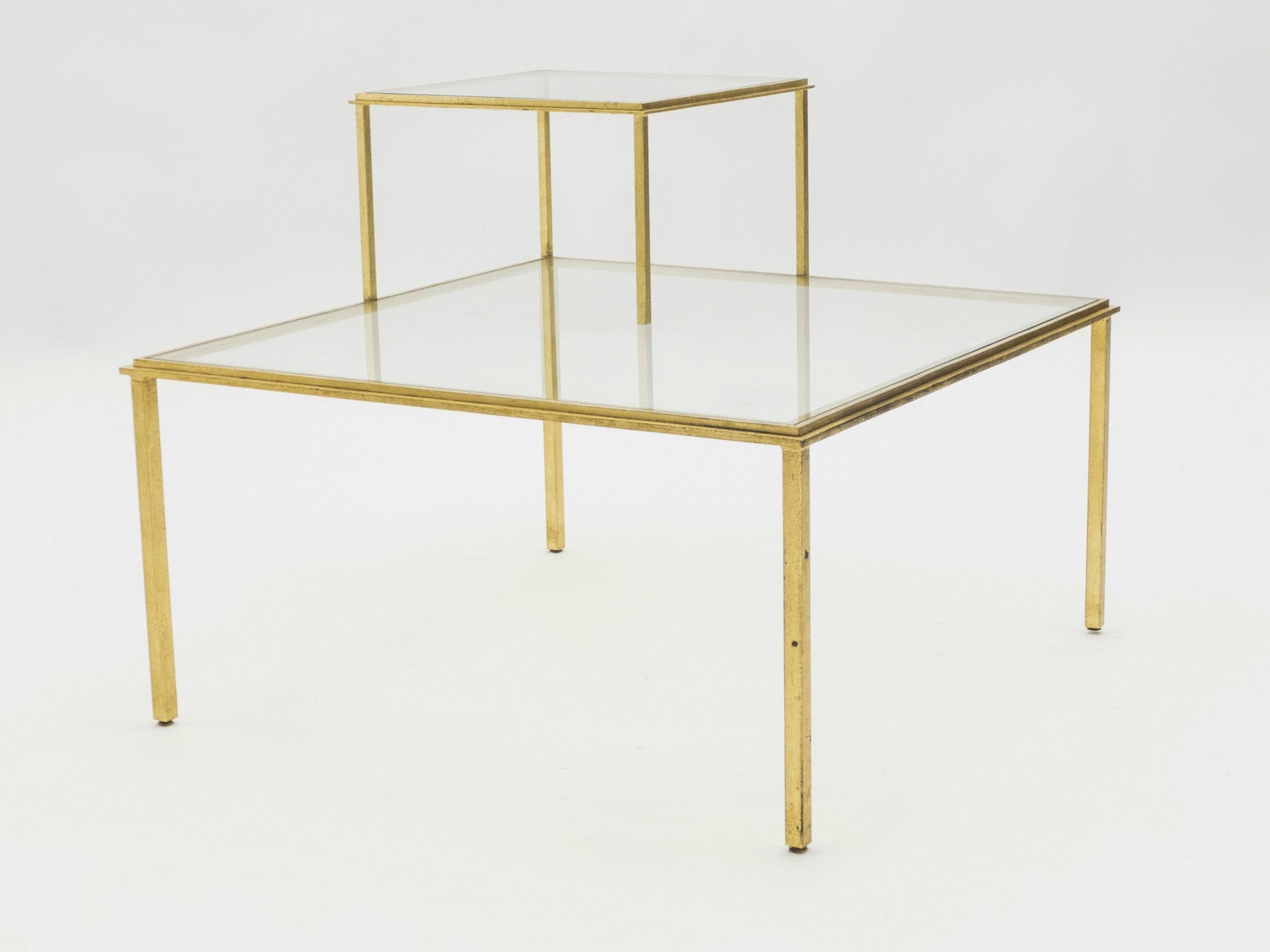 roger thibier gilt wrought iron glass coffee end table 1960s