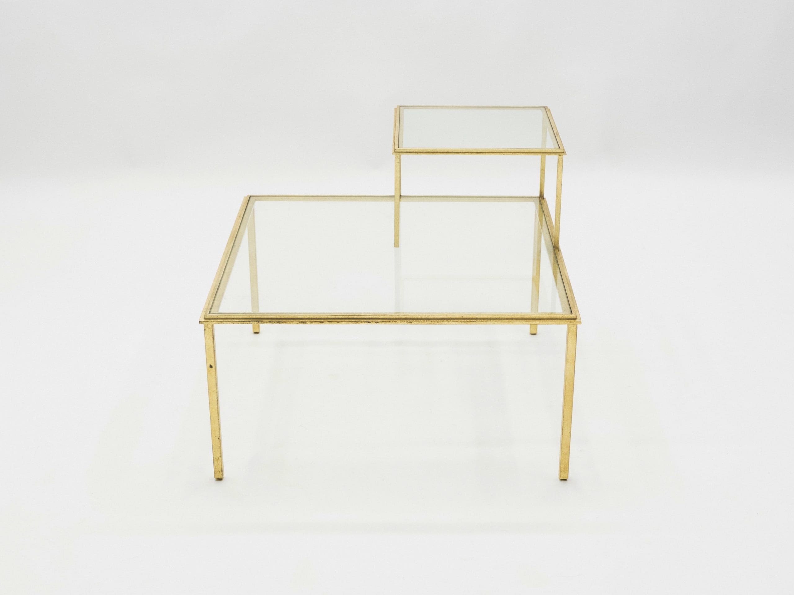 roger thibier gilt wrought iron glass coffee end table 1960s