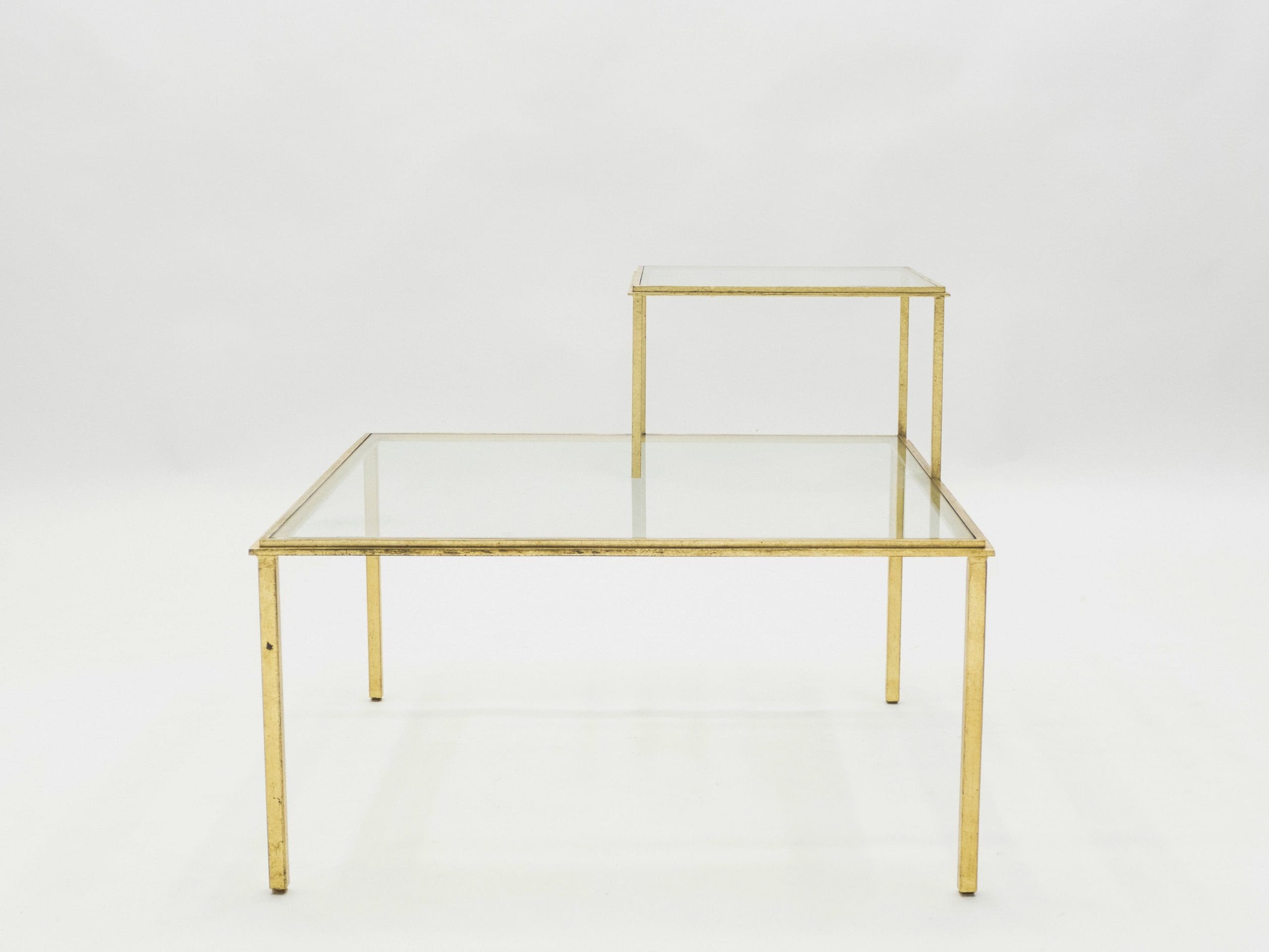 roger thibier gilt wrought iron glass coffee end table 1960s