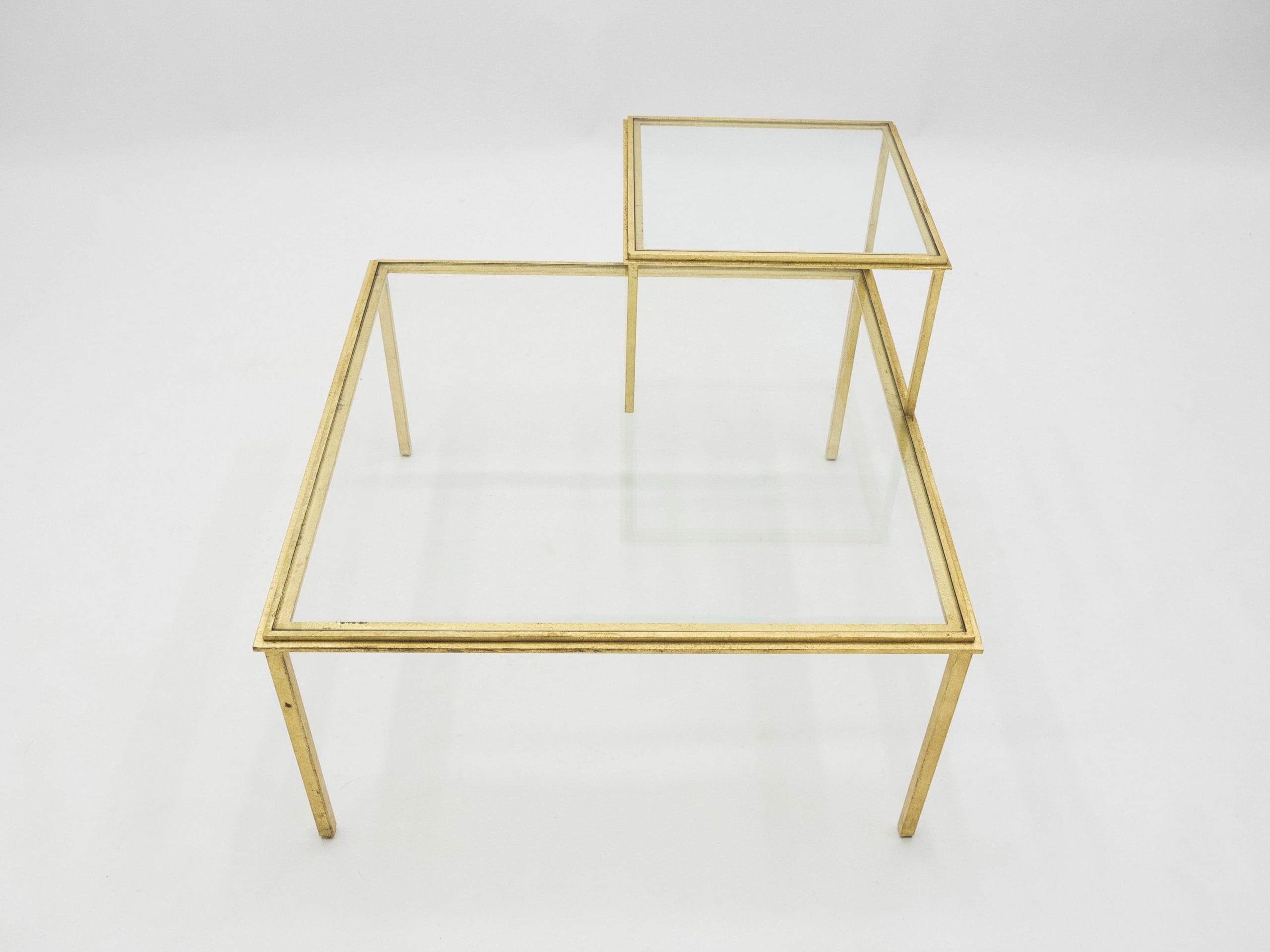 roger thibier gilt wrought iron glass coffee end table 1960s