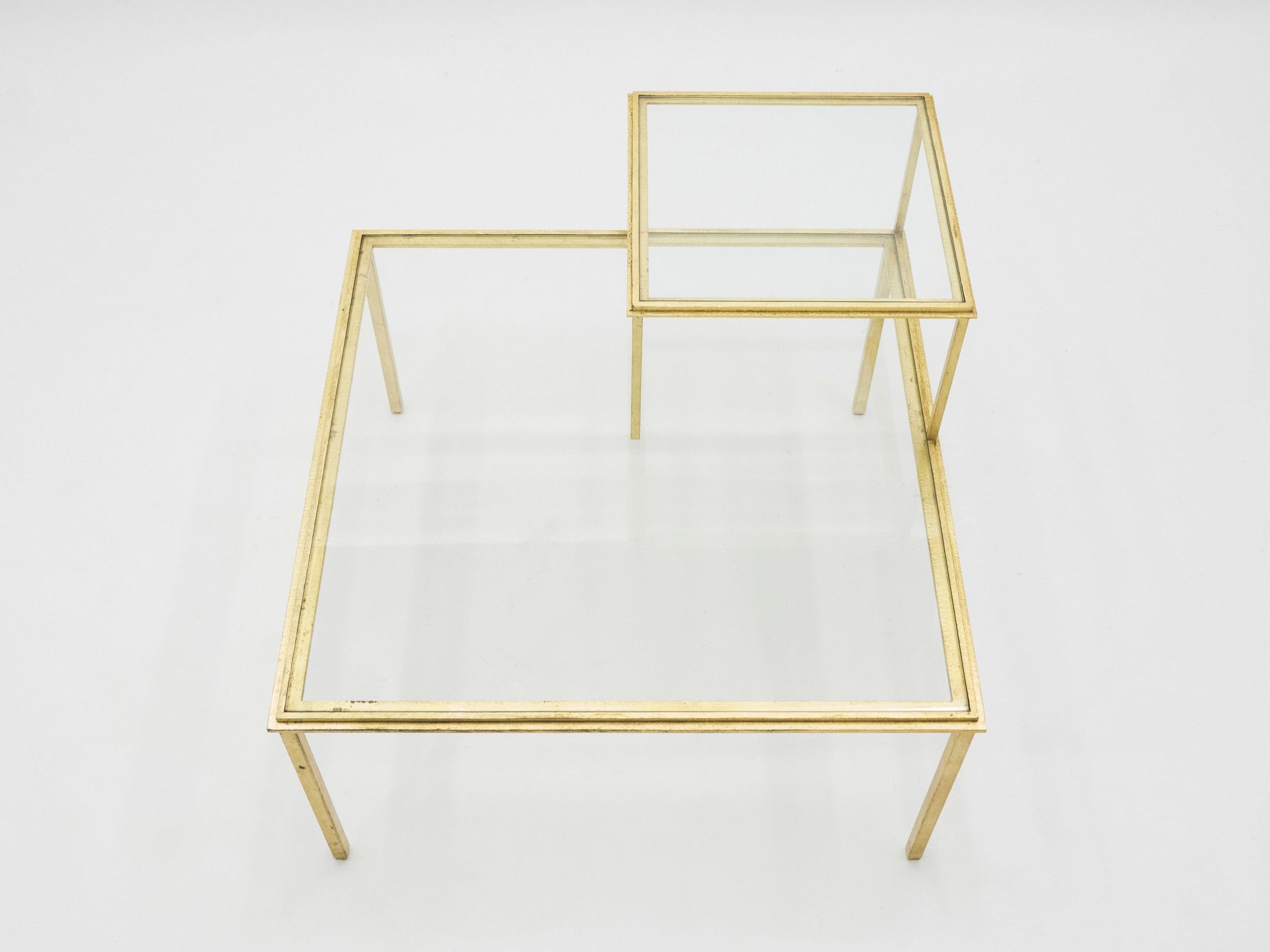 roger thibier gilt wrought iron glass coffee end table 1960s