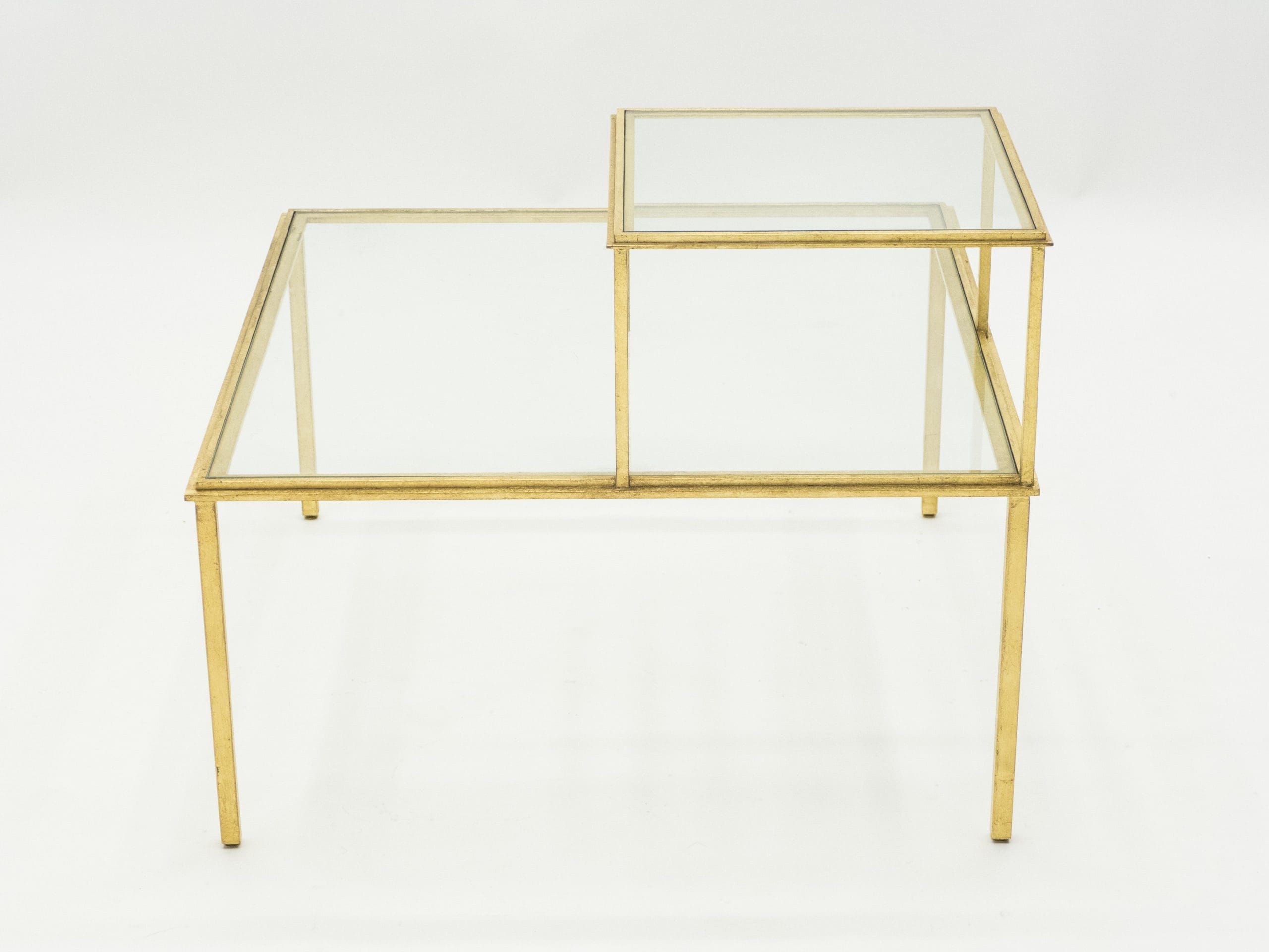 roger thibier gilt wrought iron glass coffee end table 1960s