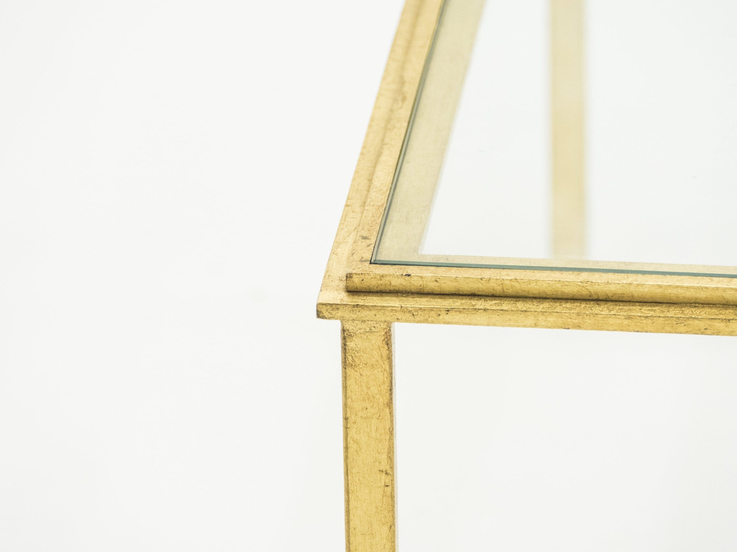 roger thibier gilt wrought iron glass coffee end table 1960s