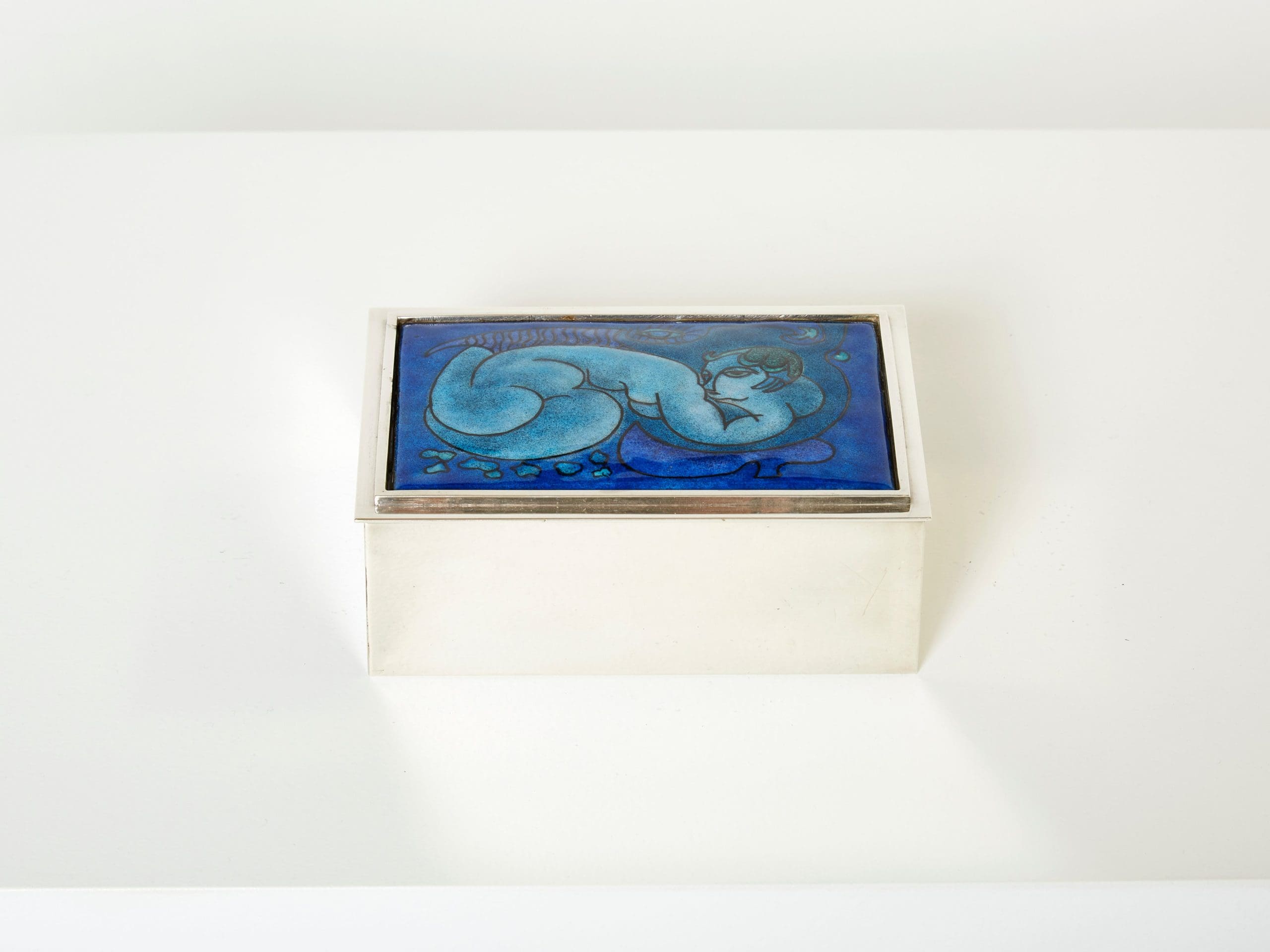 Boîte à Bijoux en Argent et Émail Bleu par Crevillen Paris, 1970