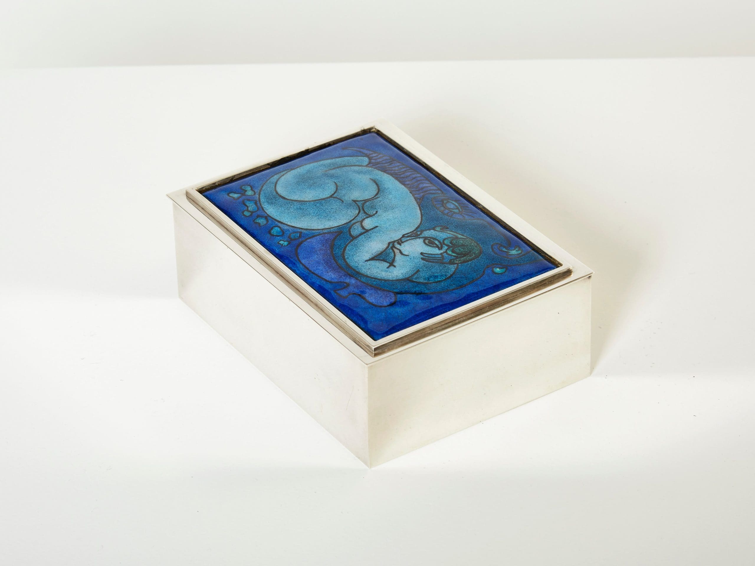 Boîte à Bijoux en Argent et Émail Bleu par Crevillen Paris, 1970