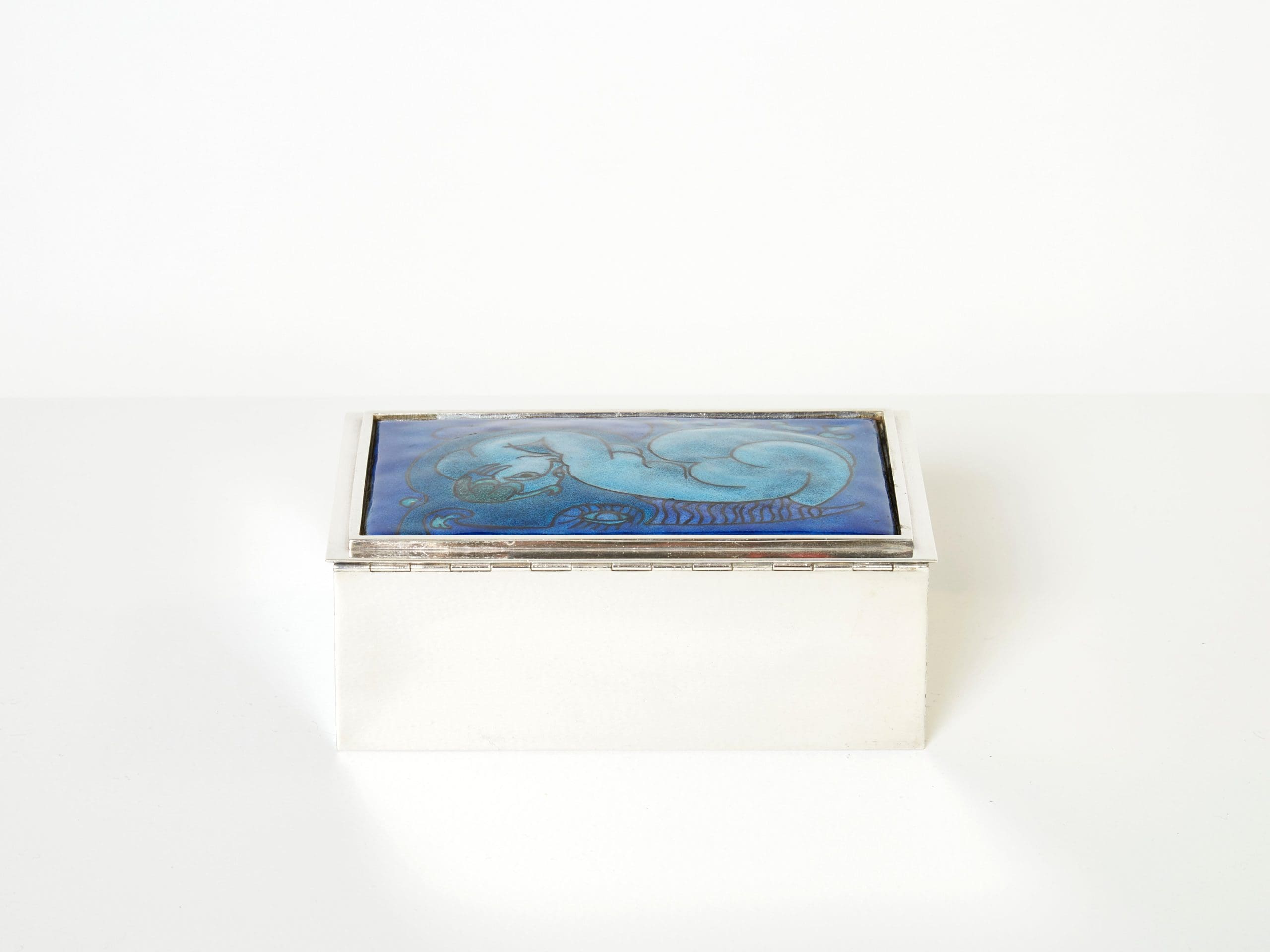 Boîte à Bijoux en Argent et Émail Bleu par Crevillen Paris, 1970