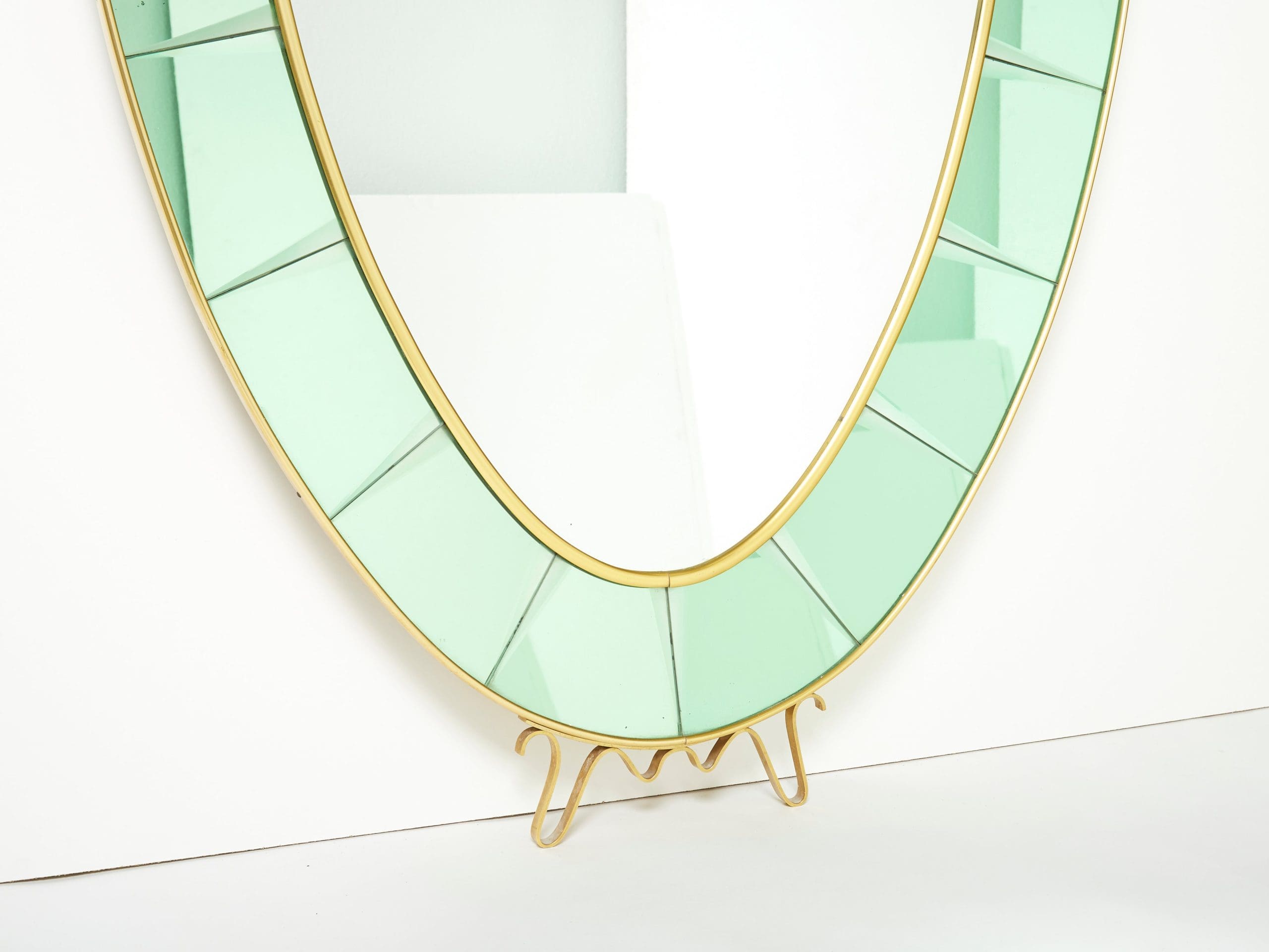 Cristal Arte Miroir Ovale en Laiton et Cristal Vert, Italie 1950s