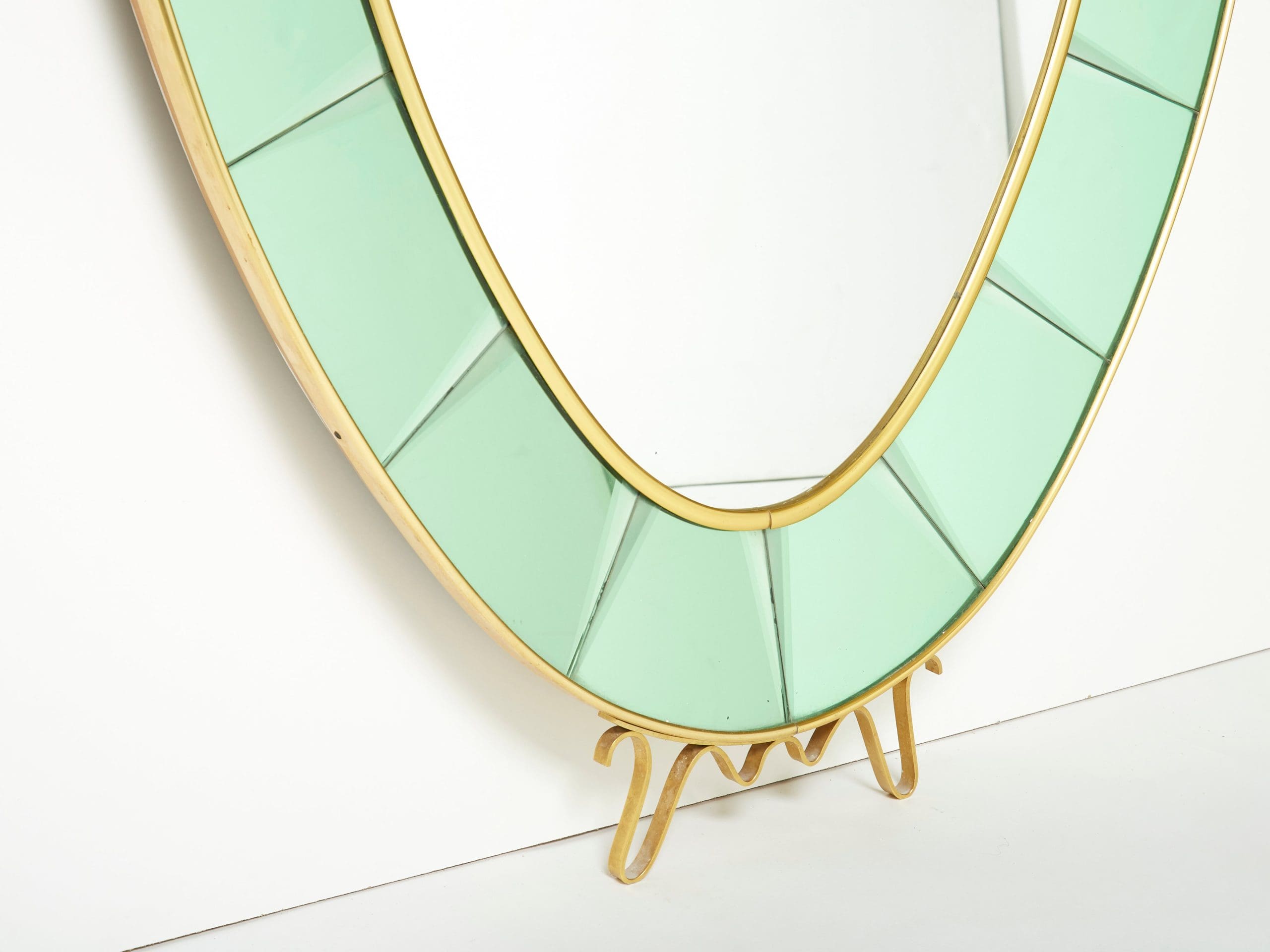 Cristal Arte Miroir Ovale en Laiton et Cristal Vert, Italie 1950s