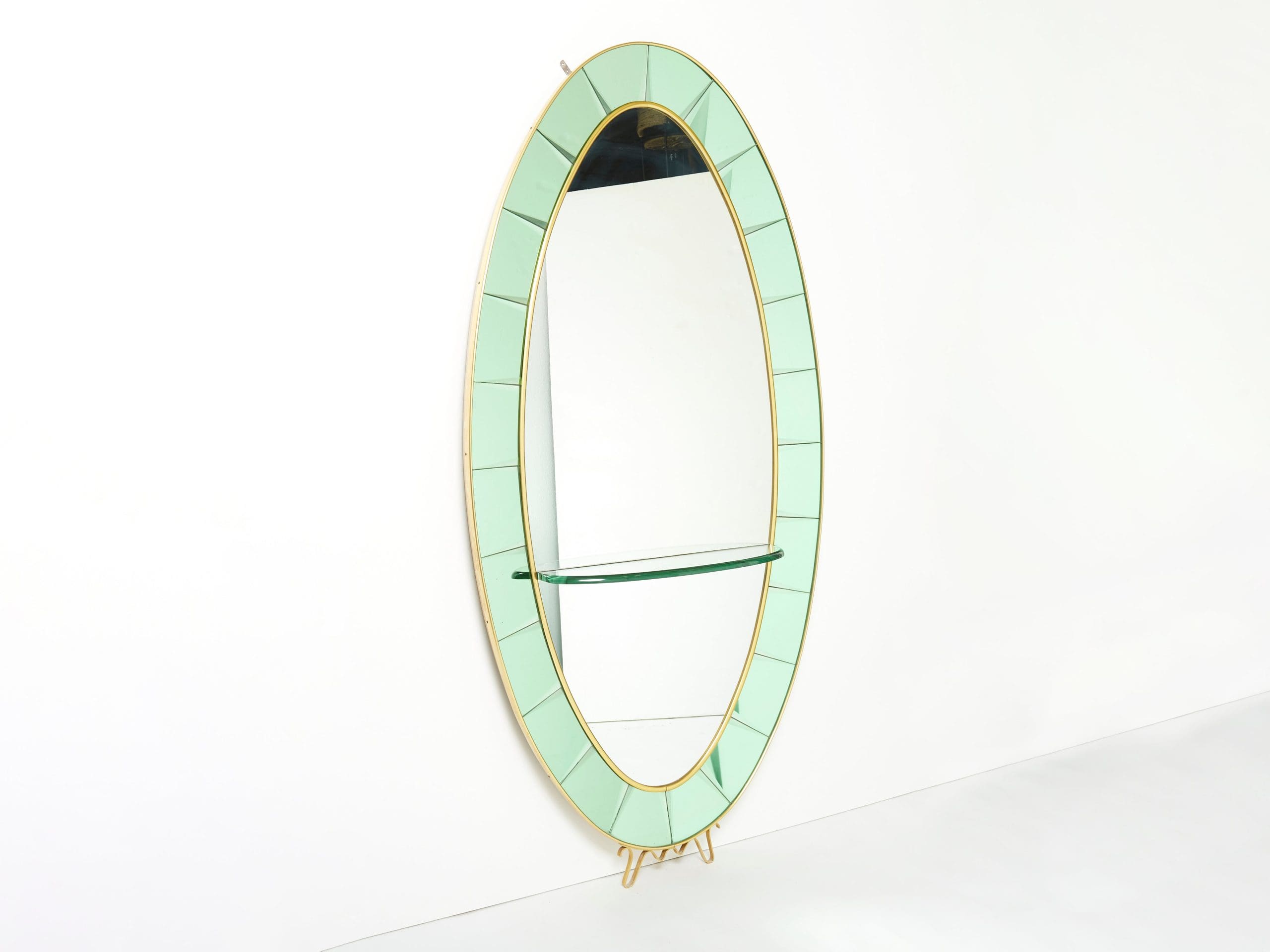Cristal Arte Miroir Ovale en Laiton et Cristal Vert, Italie 1950s