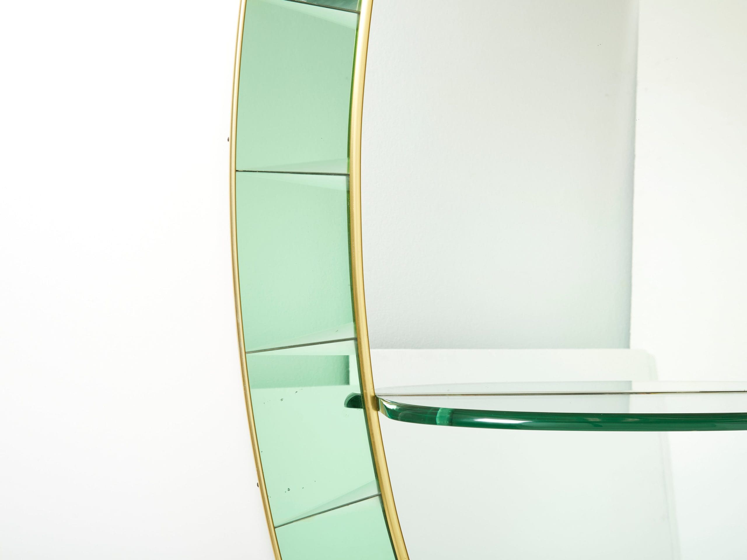 Cristal Arte Miroir Ovale en Laiton et Cristal Vert, Italie 1950s