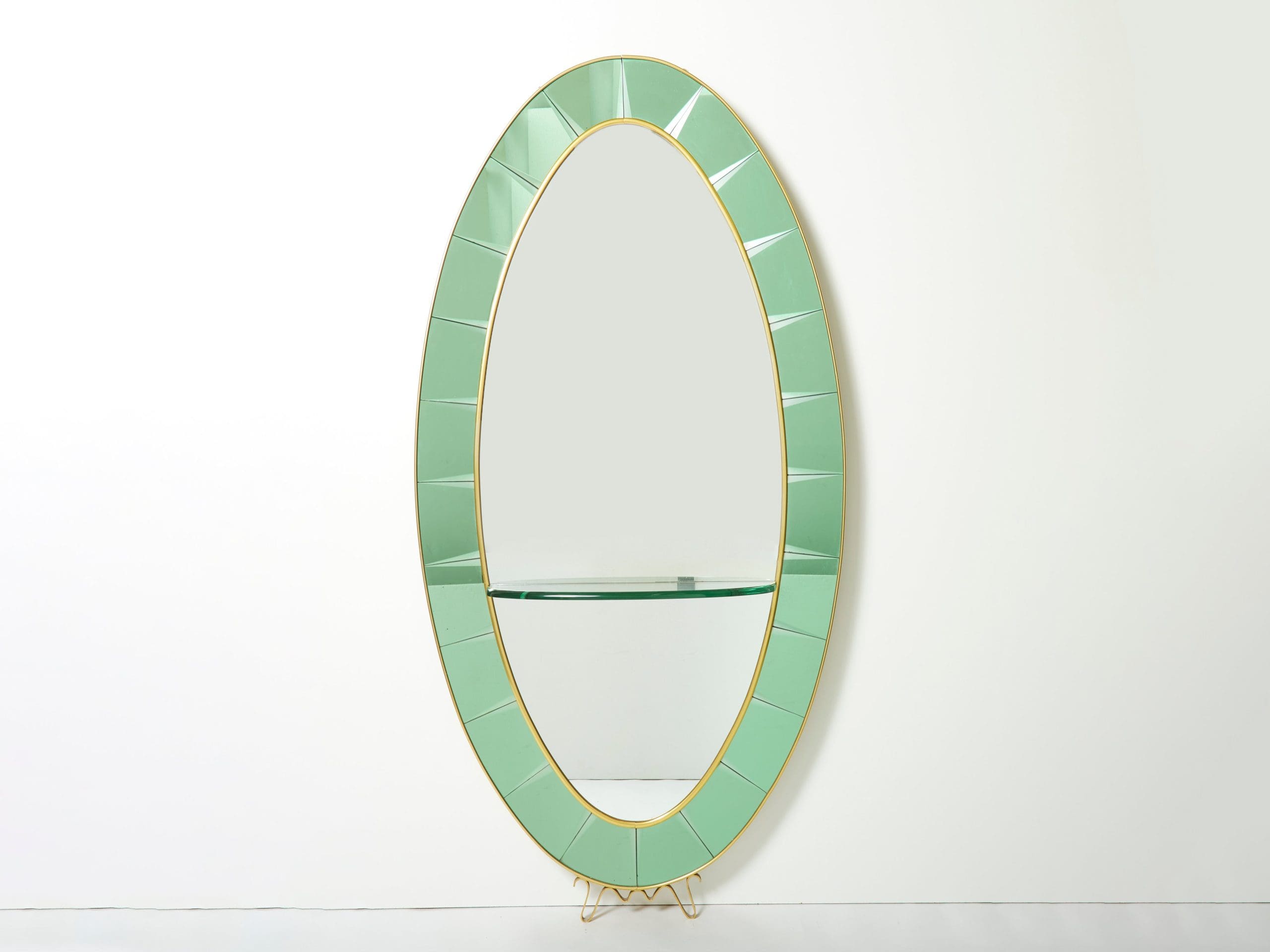 Cristal Arte Miroir Ovale en Laiton et Cristal Vert, Italie 1950s