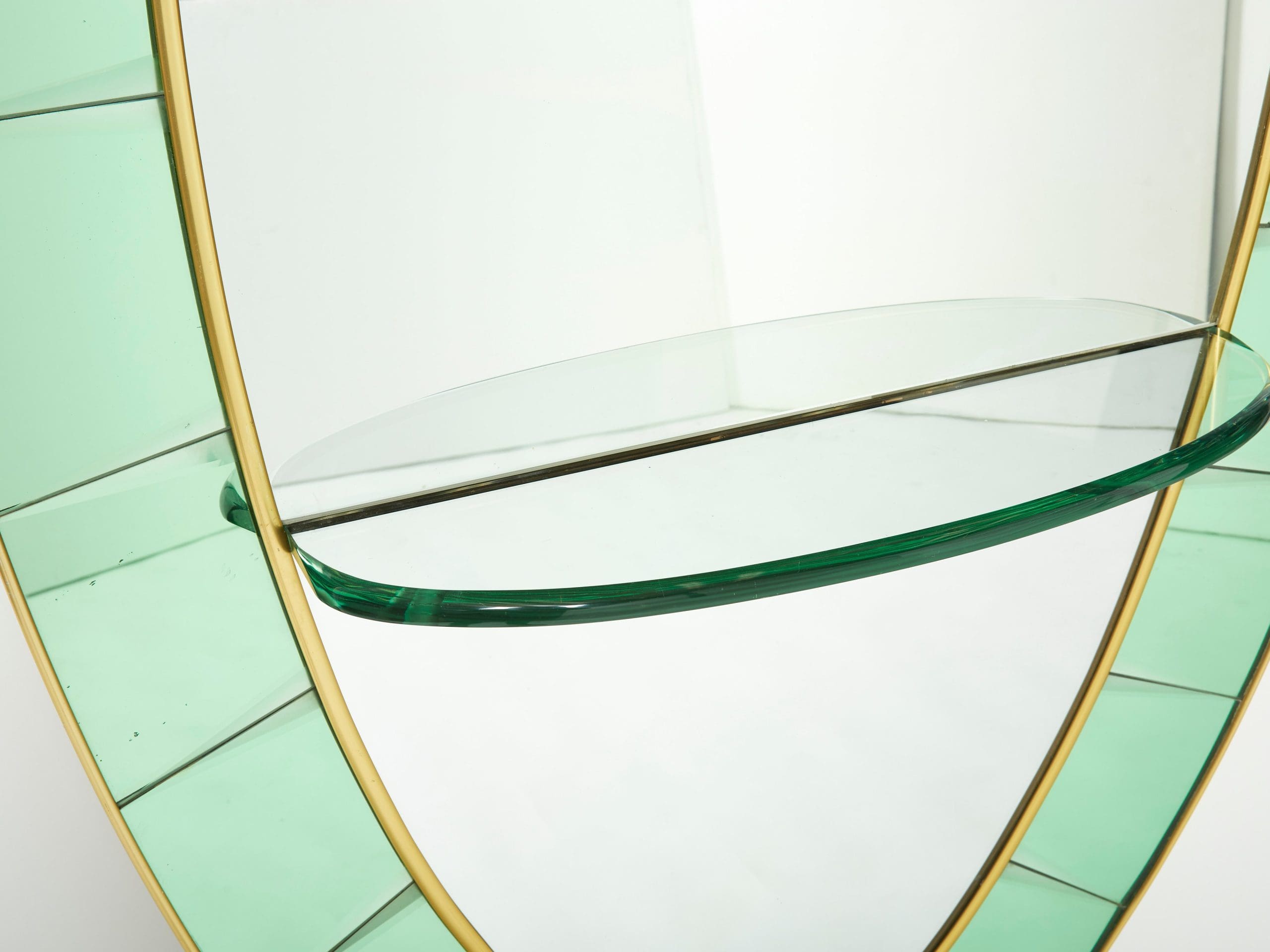 Cristal Arte Miroir Ovale en Laiton et Cristal Vert, Italie 1950s