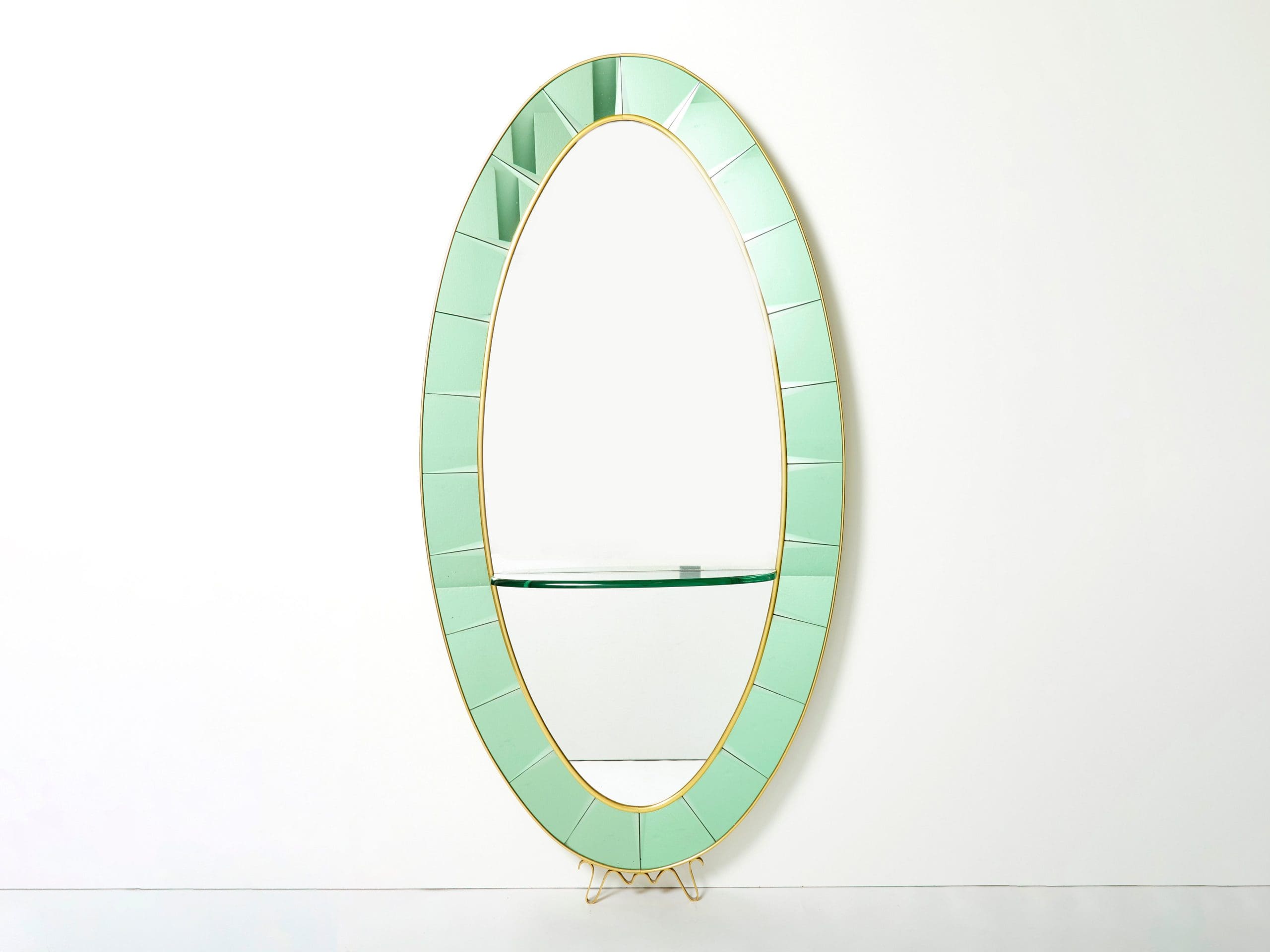 Cristal Arte Miroir Ovale en Laiton et Cristal Vert, Italie 1950s