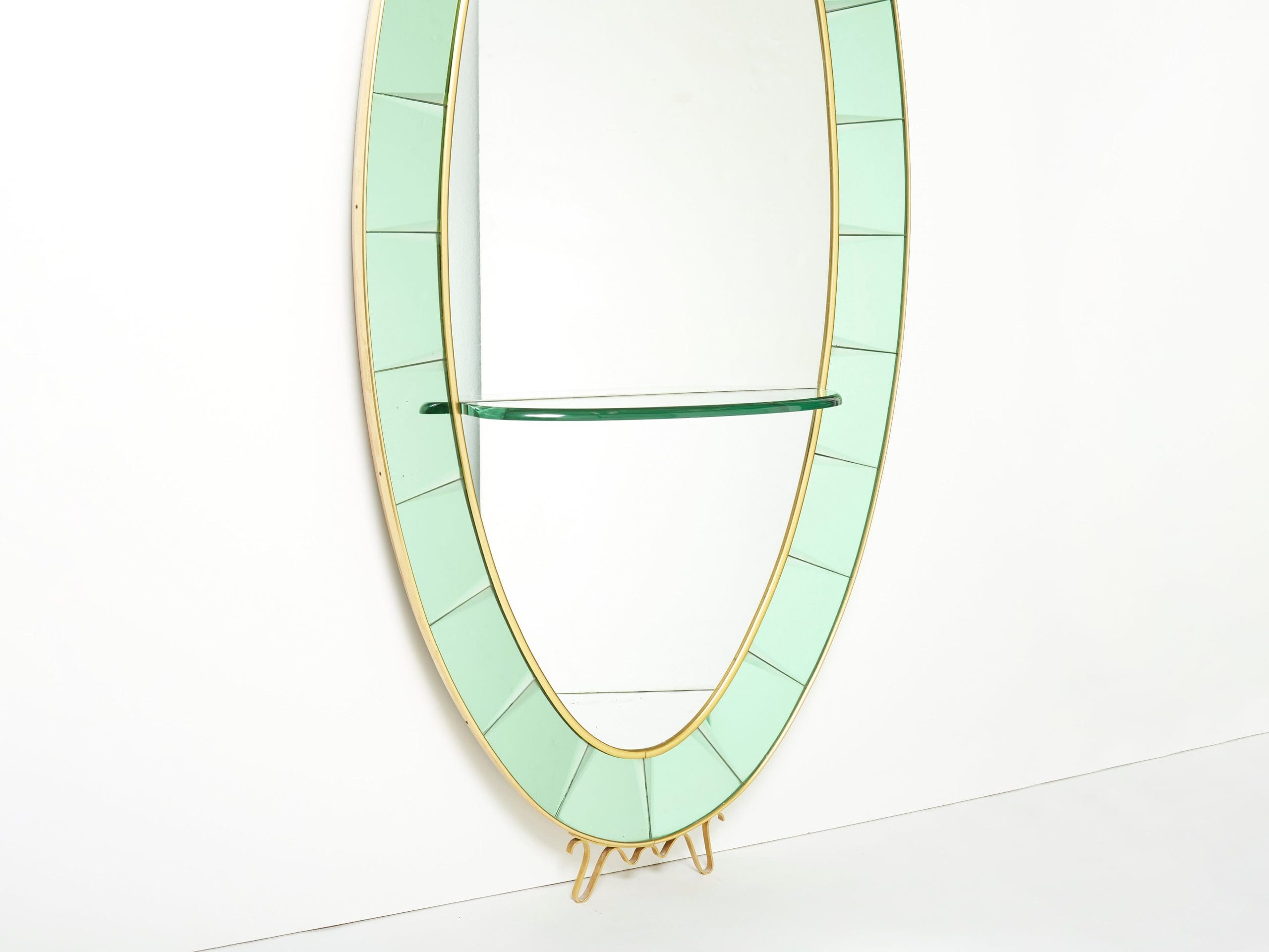 Cristal Arte Miroir Ovale en Laiton et Cristal Vert, Italie 1950s